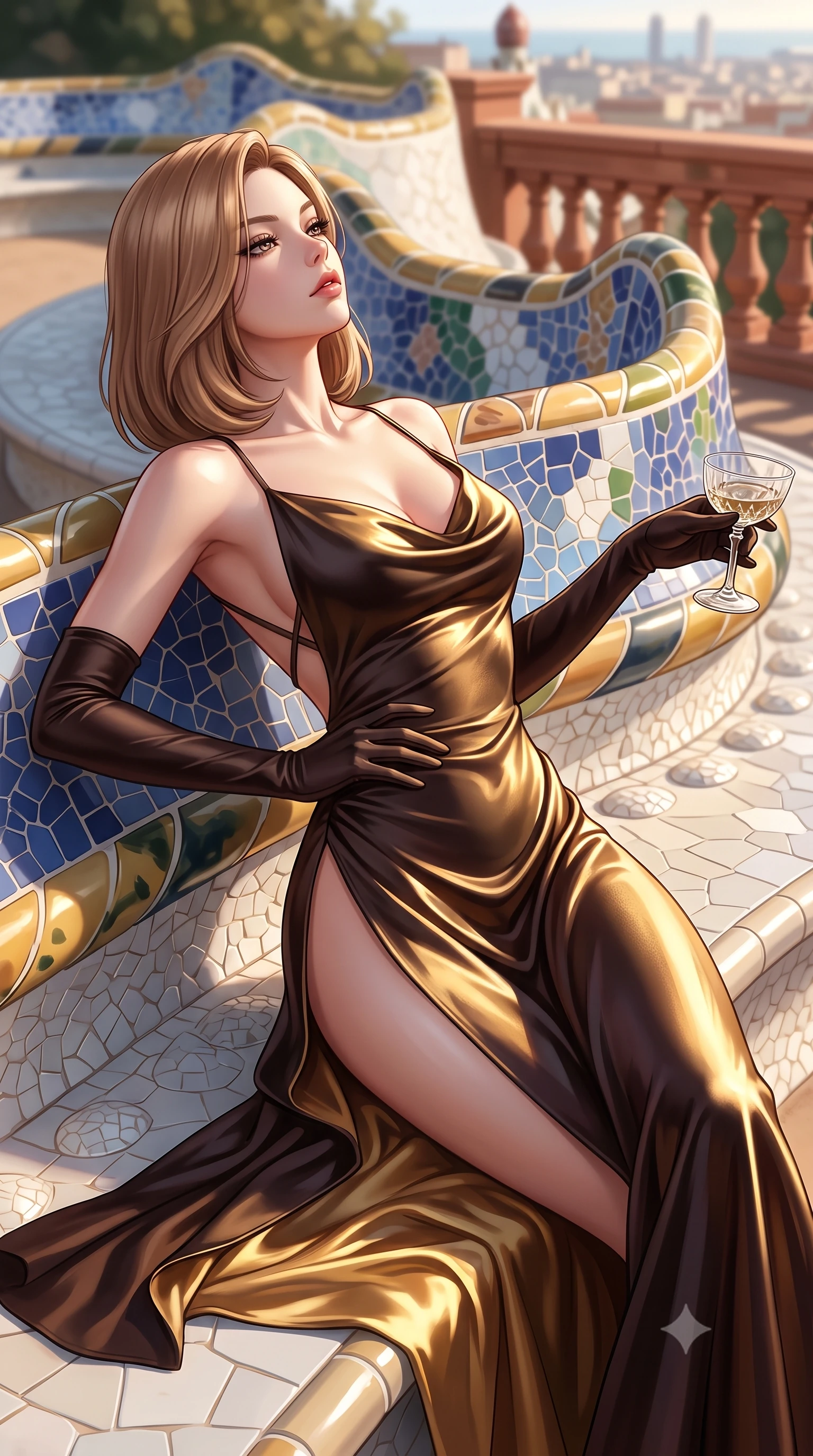 score_9, masterpiece, best quality, ultra-detailed, high-budget anime keyframe, semi-realistic 3D game render, editorial fashion photography, tasteful artistic composition, Korean woman. close-up cowboy shot from the waist and thighs up, the character dominates the composition, filling the frame with her large presence. tilting her chin up with proud, sovereign allure while gazing through thick eyelashes, one hand resting on her waist in pure supermodel charisma while reclining along the curved serpentine mosaic bench of a Gaudi rooftop, arching her lower back to match the organic architectural waves. The composition keeps background elements in soft focus with creamy bokeh. curving ceramic tile benches and terracotta rooftop balustrades softened in artistic shallow focus. She has an exceptionally elegant, slender, and willowy female figure with an ultra-slim waist, flat toned midriff, narrow ribcage, and sculpted feminine hips creating an alluring, slim hourglass silhouette without bulk. sharp v-shaped jawline, high-bridge nose, intricate jewel-like eyes with depth, thick eyelashes, glossy parted lips with a natural sheen, intensely captivating and seductive bedroom-eyes expression, flawlessly proportioned anatomical accuracy, strict slender model proportions, natural body alignment, perfectly sculpted long slender limbs, ultra-slim waistline, clean dynamic posture without body distortion. wearing a backless cowl-neck satin slip dress featuring high-cut side hip slits and delicate criss-cross back straps in dark espresso brown and molten gold foil, tailored from ultra-smooth duchess satin with a pearlescent sheen, accessorized with opera-length satin gloves and a vintage crystal glass, the glove-like aerodynamic silhouette tightly following the natural contour of her hips and long slender legs with statuesque 8.5-heads elegance. illuminated by glowing specular sun glints defining her sculpted collarbones, narrow waist, and curvy hips. highly saturated vibrant anime colors, detailed shading with soft gradients, rich glossy textures, high-contrast stereoscopic depth, volumetric dynamic lighting, master piece, 9:16 ratio