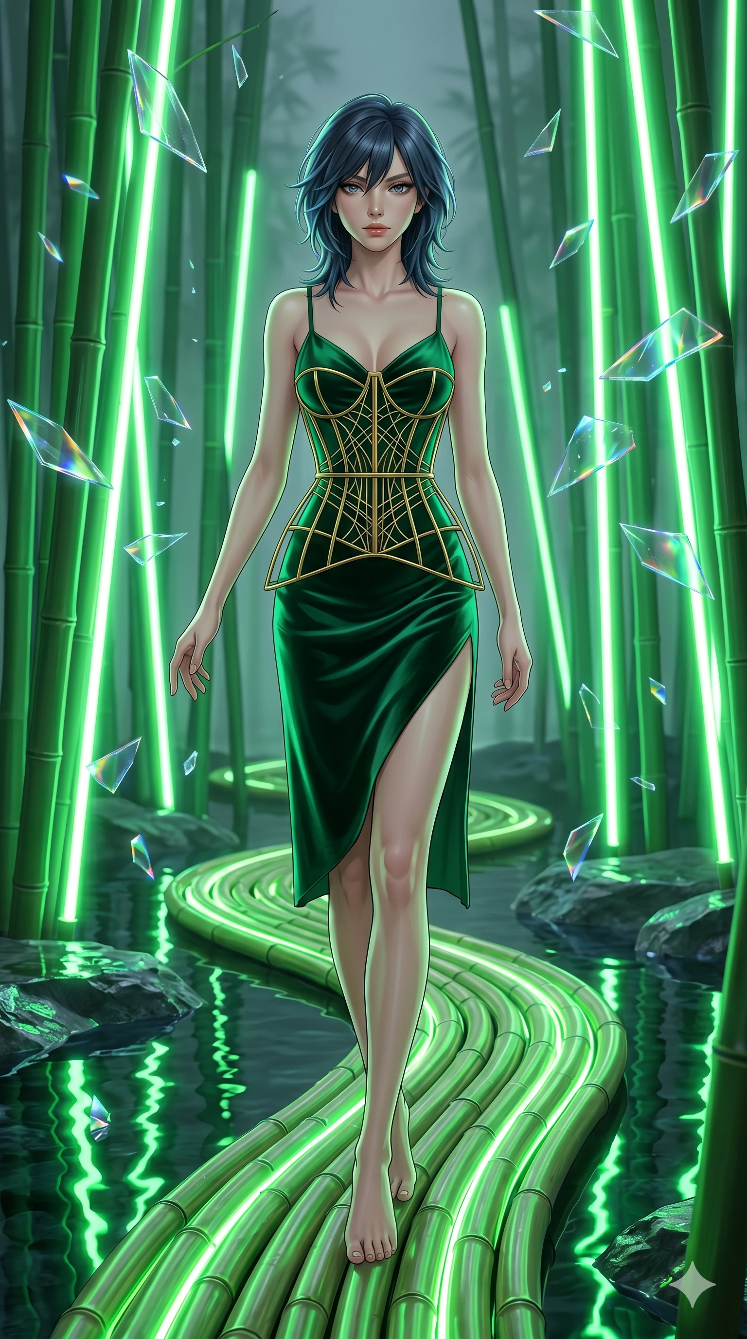 score_9, masterpiece, best quality, ultra-detailed, high-budget anime keyframe, editorial fashion photography, tasteful artistic composition, Caucasian woman, strictly human ears. low angle full-body shot from head to toe showing her feet, filling the entire 9:16 vertical frame with her statuesque presence, stretching her vertical silhouette. balancing carefully on in a quiet bamboo grove where the stalks are glowing neon green tubes as floating shattered glass shards refract light like tiny prisms. She has an absolutely perfect 8-heads proportion, an exceptionally tall and slender female figure with impossibly long slender legs and an ultra-slim waist. V-shaped jawline, high-bridge nose, intricate jewel-like eyes with depth, thick eyelashes, glossy lips with a natural sheen.. wearing a mathematical gold wire cage corset and an emerald green silk velvet slip dress with an asymmetric elegant knee-high side slit. illuminated by the brilliant neon reflections bouncing off wet surfaces, emphasizing her skin tone. 2k, ultra detail, master piece, 9:16 ratio