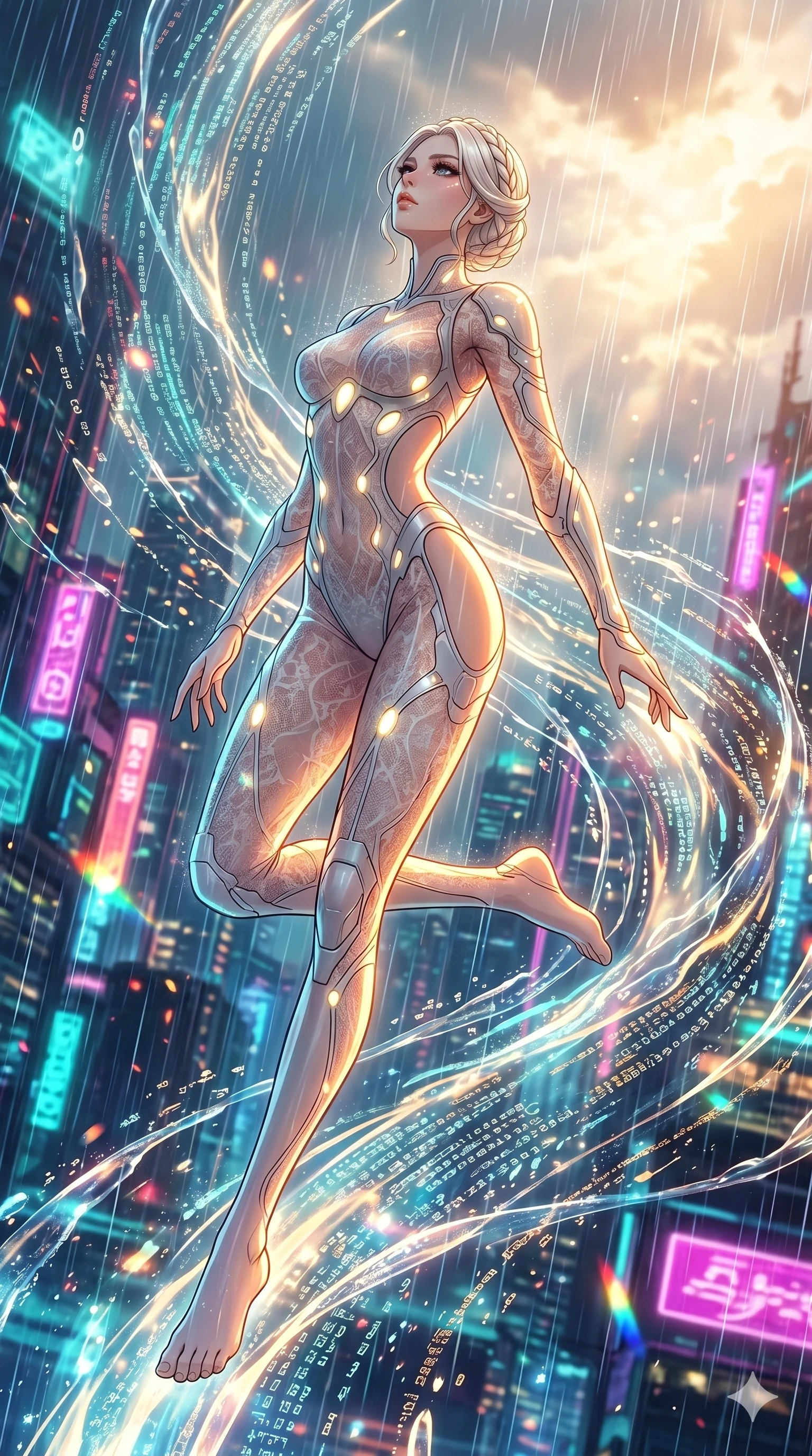 score_9, masterpiece, best quality, ultra-detailed, High-budget Anime Keyframe, vibrant colors, fluid line-art, expressive lighting, cinematic composition, Ufotable-style visual effects, top-tier animation quality, Japanese woman with delicate and elegant anime-inspired features. Low angle cowboy shot filling the entire 9:16 frame with her statuesque presence, looking up to emphasize her height. Diving into a vast sea of digital code and liquid light, her form becoming one with the stream of information. She has an absolutely perfect 8-heads proportion, an exceptionally tall and slender female figure with impossibly long slender legs and an ultra-slim waist, her statuesque height and towering silhouette dominating the vertical 9:16 frame. Her face is a masterpiece featuring a sharp v-shaped jawline, high-bridge nose, intricate jewel-like eyes with depth, thick eyelashes, and glossy lips with a natural sheen. She is wearing a Sheer lace catsuit with strategically placed armor plating and glowing energy nodes crafted from Bioluminescent silk that emits a soft, ethereal glow from within the fabric, featuring strategic side cut-outs that emphasize her ultra-slim waist and hips. The scene is set in a sprawling cyberpunk metropolis in heavy rain with vibrant neon glows reflecting on every surface, illuminated by golden hour sunlight that gives her skin a warm, radiant glow. 2k, ultra detail, master piece, 9:16 ratio