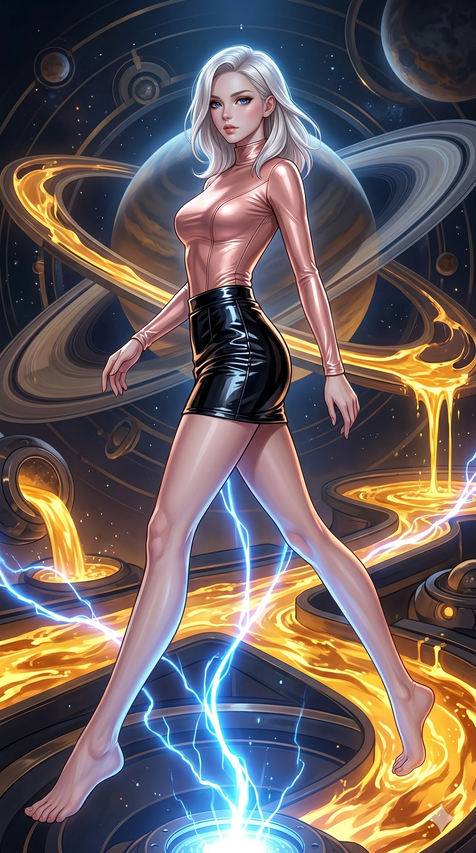score_9, masterpiece, best quality, ultra-detailed, high-budget anime keyframe, editorial fashion photography, tasteful artistic composition, Caucasian woman, strictly human ears. low angle full-body shot from head to toe showing her feet, filling the entire 9:16 vertical frame with her statuesque presence, stretching her vertical silhouette. Executing a dynamic turning step with one leg extended behind inside a celestial forge where rivers of liquid gold flow around orbiting planetary rings. She has an absolutely perfect 8-heads proportion, an exceptionally tall and slender female figure with impossibly long slender legs and an ultra-slim waist. V-shaped jawline, high-bridge nose, intricate jewel-like eyes with depth, thick eyelashes, glossy lips with a natural sheen. wearing a form-flattering high-neck bodysuit in liquid rose-gold jersey with clean structural seaming that defines the torso, worn with a high-waist black patent leather structured mini skirt. highlighted by pulsing electric blue plasma arc lighting from below, casting dramatic upward shadows. 2k, ultra detail, master piece, 9:16 ratio