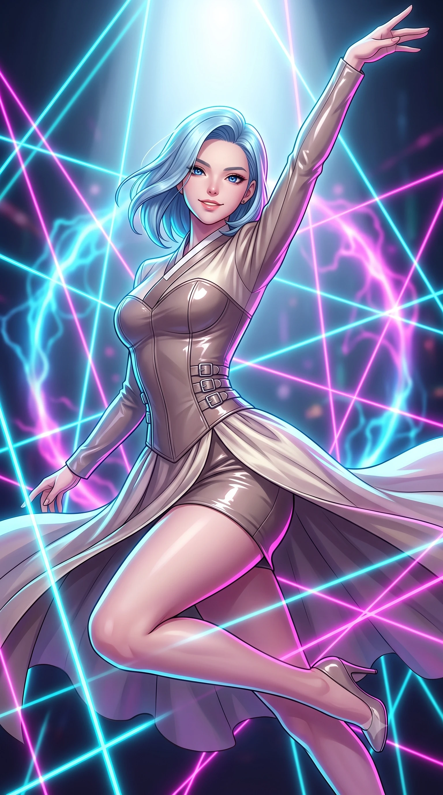 score_9, masterpiece, best quality, ultra-detailed, high-budget anime keyframe, editorial fashion photography, tasteful artistic composition, Korean woman. close-up cowboy shot from the waist and thighs up, the character dominates the composition, filling the frame with her large presence, background elements kept in soft focus. Extending one arm in an elegant stretch toward the light while smiling with magnetic self-assurance while leaping across a grid of shifting laser beams while turning to gaze at the camera, glowing plasma arcs pulsating rhythmically in the background atmosphere. She has an exceptionally elegant, slender, and willowy female figure with an ultra-slim waist, a gracefully sculpted slender torso, and a refined silhouette. sharp v-shaped jawline, high-bridge nose, intricate jewel-like eyes with depth, thick eyelashes, glossy lips with a natural sheen, flawlessly proportioned anatomical accuracy, natural body alignment, perfectly sculpted elegant limbs, clean dynamic posture without body distortion. wearing a modern fusion silk hanbok dress with a structured bodice and flowing skirt in muted taupe and soft ivory, tailored from high-gloss patent leather, detailed with polished silver buckles along the waistline, the tailored fabric tightly following every curve of her athletic build. bathed in brilliant neon cyan and magenta rim light with clean white key light. highly saturated vibrant anime colors, detailed shading with soft gradients, rich glossy textures, high-contrast stereoscopic depth, volumetric dynamic lighting, master piece, 9:16 ratio