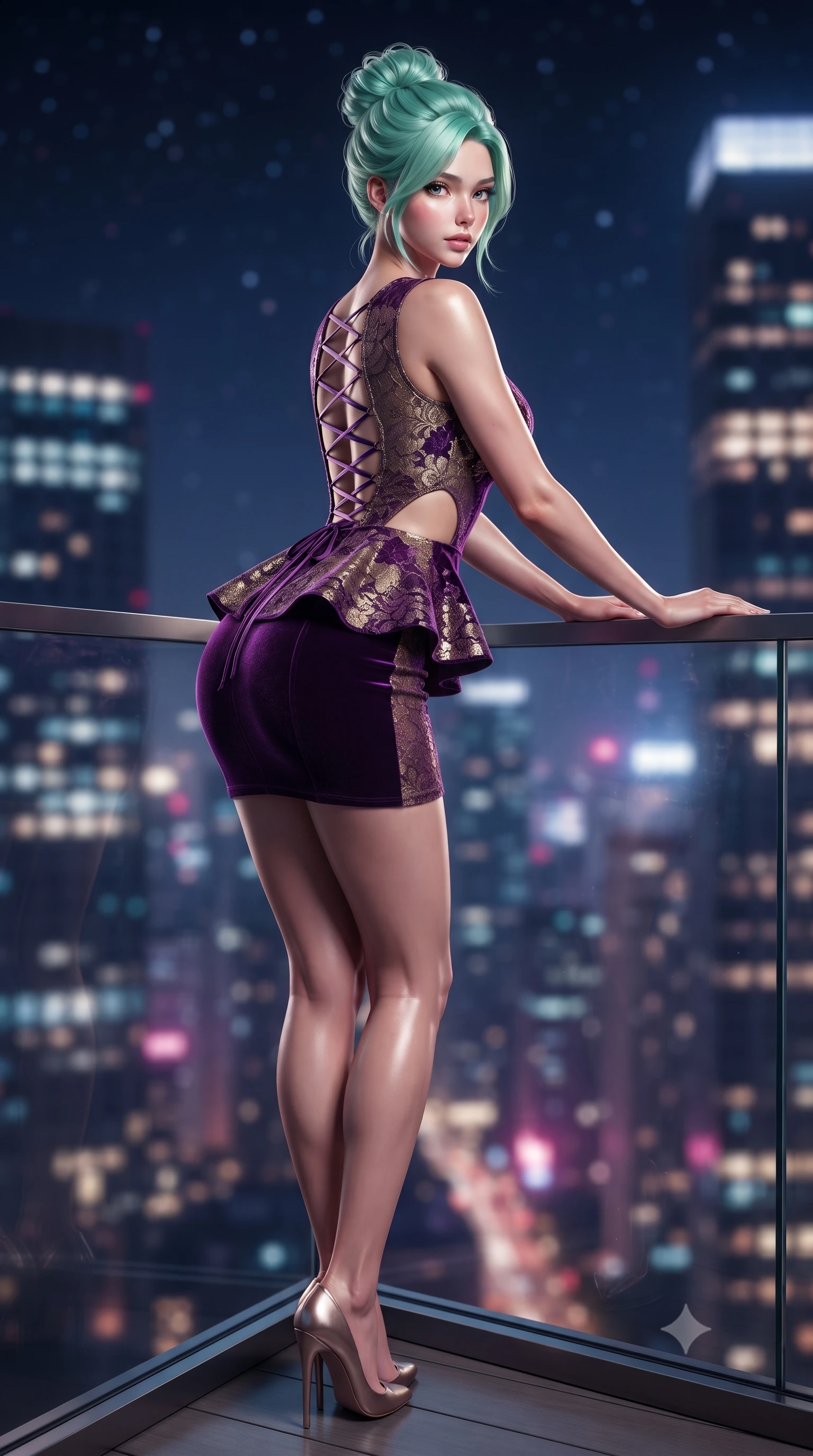 score_9, masterpiece, best quality, ultra-detailed, high-budget anime keyframe, editorial fashion photography, tasteful artistic composition, Japanese woman. low angle full-body shot from head to toe showing her feet, filling the entire 9:16 vertical frame with her statuesque presence, stretching her vertical silhouette. leaning deep against the structural architecture with hips cocked in an unapologetically bold, seductive high-fashion stance while resting both hands on the low glass railing with lower back arched, casting an alluring over-the-shoulder bedroom-glance toward the camera. The composition keeps background elements in soft focus with creamy bokeh. sprawling metropolis skyscraper light grids and starry midnight skies blurred into deep sapphire, magenta, and champagne-gold bokeh. She has an absolutely perfect, statuesque 8.5-heads proportion, an exceptionally tall and slender model-like female figure with impossibly long slender legs, a toned flat midriff, an ultra-slim waist, and beautifully sculpted feminine hips. sharp v-shaped jawline, high-bridge nose, intricate jewel-like eyes with depth, thick eyelashes, glossy parted lips with a natural sheen, intensely captivating and seductive bedroom-eyes expression, flawlessly proportioned anatomical accuracy, strict slender model proportions, natural body alignment, perfectly sculpted long slender limbs, ultra-slim waistline, clean dynamic posture without body distortion. wearing a modern peplum corset dress with side-waist diamond cutouts and an ultra-tight silhouette in imperial purple velvet and antique gold, formed from shimmering floral lace over smooth opaque silk lining, featuring an open-back criss-cross satin lacing highlighting her graceful shoulder blades, the dramatically scooped open back descending to the base of her spine, accentuating her razor-sharp statuesque lines and curvy hourglass silhouette. surrounded by a cosmopolitan, elite, and intensely magnetic modern royalty aura. ultra-reflective glossy finish, specular highlights, rich textural contrasts, high-contrast stereoscopic depth, volumetric dynamic lighting, 2k, ultra detail, master piece, 9:16 ratio