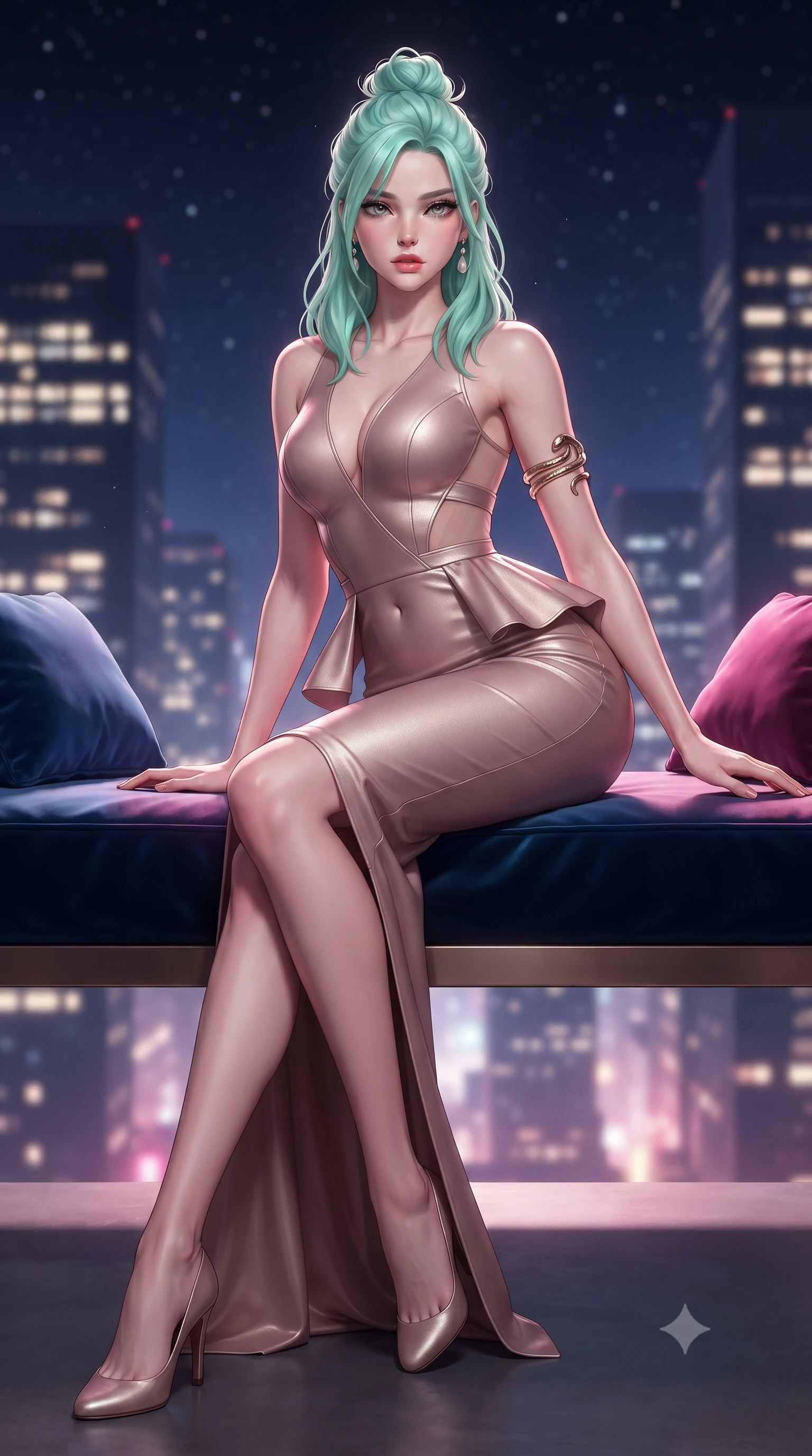 score_9, masterpiece, best quality, ultra-detailed, high-budget anime keyframe, editorial fashion photography, tasteful artistic composition, Japanese woman. low angle full-body shot from head to toe showing her feet, filling the entire 9:16 vertical frame with her statuesque presence, stretching her vertical silhouette. sitting perched on the elevated ledge with hips angled toward the camera and legs crossed, displaying her toned midriff and flawlessly sculpted slender limbs while reclining on her side across a floating velvet infinity daybed, one leg extended and torso propped on one elbow to accentuate the sweeping line of her curvy hips. The composition keeps background elements in soft focus with creamy bokeh. sprawling metropolis skyscraper light grids and starry midnight skies blurred into deep sapphire, magenta, and champagne-gold bokeh. She has an absolutely perfect, statuesque 8.5-heads proportion, an exceptionally tall and slender model-like female figure with impossibly long slender legs, a toned flat midriff, an ultra-slim waist, and beautifully sculpted feminine hips. sharp v-shaped jawline, high-bridge nose, intricate jewel-like eyes with depth, thick eyelashes, glossy parted lips with a natural sheen, intensely captivating and seductive bedroom-eyes expression, flawlessly proportioned anatomical accuracy, strict slender model proportions, natural body alignment, perfectly sculpted long slender limbs, ultra-slim waistline, clean dynamic posture without body distortion. wearing a structural geometric peplum gown with sheer side-ribbon cutouts and form-fitting skirt in dusky blush rose and champagne shimmer, crafted from second-skin supple lambskin leather with specular sheen, accented with a sculptured gold serpent armlet and pearl drop earrings, the liquid-tight tailored fabric clinging flawlessly to her narrow waist and rounded feminine hips, emphasizing every millimeter of her sculpted hourglass curves during movement. illuminated by crisp directional edge lights sharply sculpting her slender waist and curvy feminine hips. ultra-reflective glossy finish, specular highlights, rich textural contrasts, high-contrast stereoscopic depth, volumetric dynamic lighting, 2k, ultra detail, master piece, 9:16 ratio
