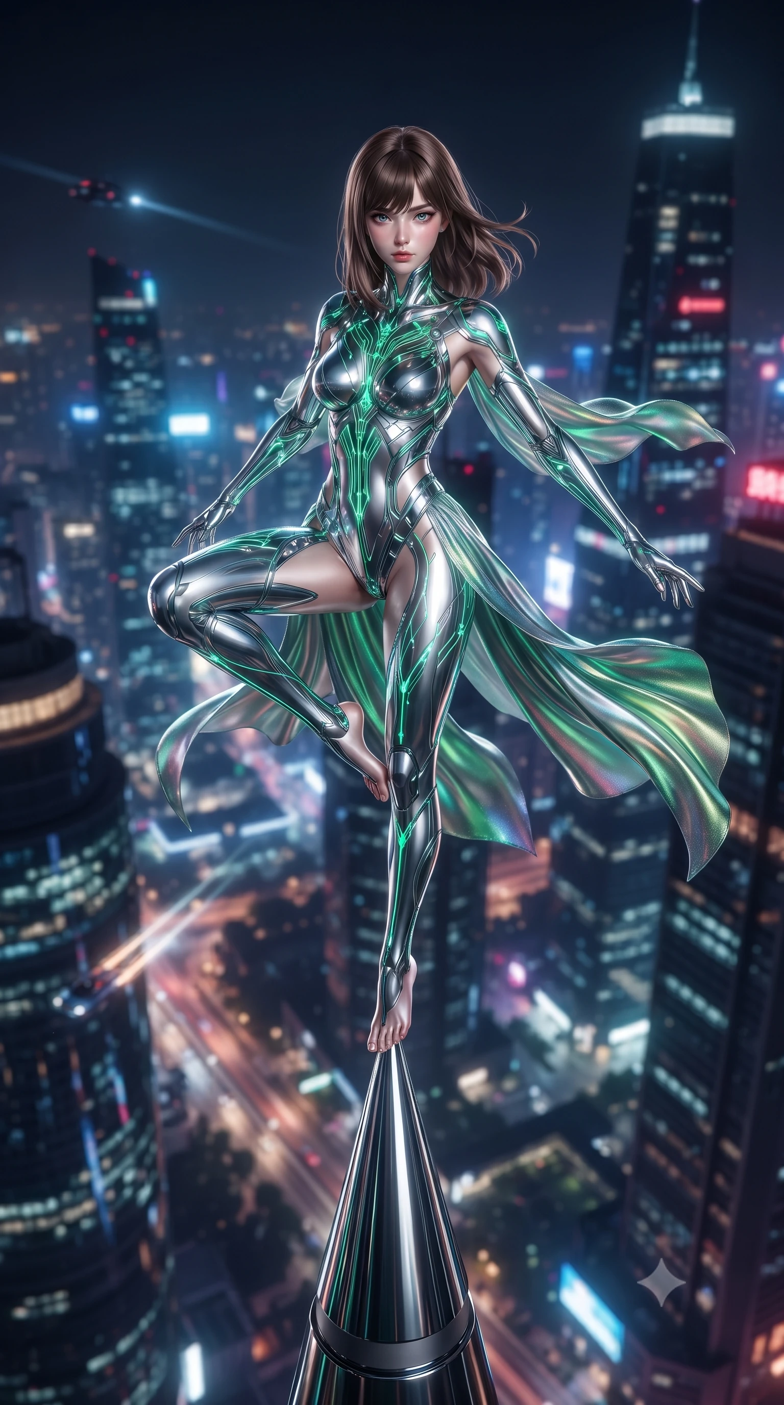 score_9, masterpiece, best quality, ultra-detailed, high-budget anime keyframe, editorial fashion photography, tasteful artistic composition, Korean woman. low angle full-body shot from head to toe showing her feet, filling the entire 9:16 vertical frame with her statuesque presence, stretching her vertical silhouette. performing an alluring mid-air vault with flawless poise, looking directly into the camera with regal, divine intensity while standing with statuesque majesty on the extreme chrome spire tip of a 200-story skyscraper above a neon metropolis. The composition keeps background elements in soft focus with creamy bokeh. futuristic skyscraper spires and flying vehicle light trails softened in atmospheric shallow focus. She has an absolutely perfect, statuesque 8.5-heads proportion, an exceptionally tall and slender model-like female figure with impossibly long slender legs, a toned flat midriff, and an ultra-slim waist. sharp v-shaped jawline, high-bridge nose, intricate jewel-like eyes with depth, thick eyelashes, glossy lips with a natural sheen, flawlessly proportioned anatomical accuracy, strict slender model proportions, natural body alignment, perfectly sculpted long slender limbs, ultra-slim waistline, clean dynamic posture without body distortion. wearing an aerodynamic sculpted liquid-chrome bodysuit with glowing neon fiber-optic circuitry and an elegant high-fashion cut in radiant emerald green circuit lines and polished silver sheen, made of smooth flowing silk chiffon that shifts colors with movement, reinforced by a sleek metallic chrome harness and delicate glowing micro-straps, the precision-cut daring openings accentuating her delicate midriff, graceful bare collarbones, and ultra-slim feminine waistline. illuminated by crisp white key lighting with sharp specular highlights tracing her ultra-slim waist and long legs. ultra-reflective glossy finish, specular highlights, dark metallic sheen, high-contrast stereoscopic depth, volumetric dynamic lighting, 2k, ultra detail, master piece, 9:16 ratio