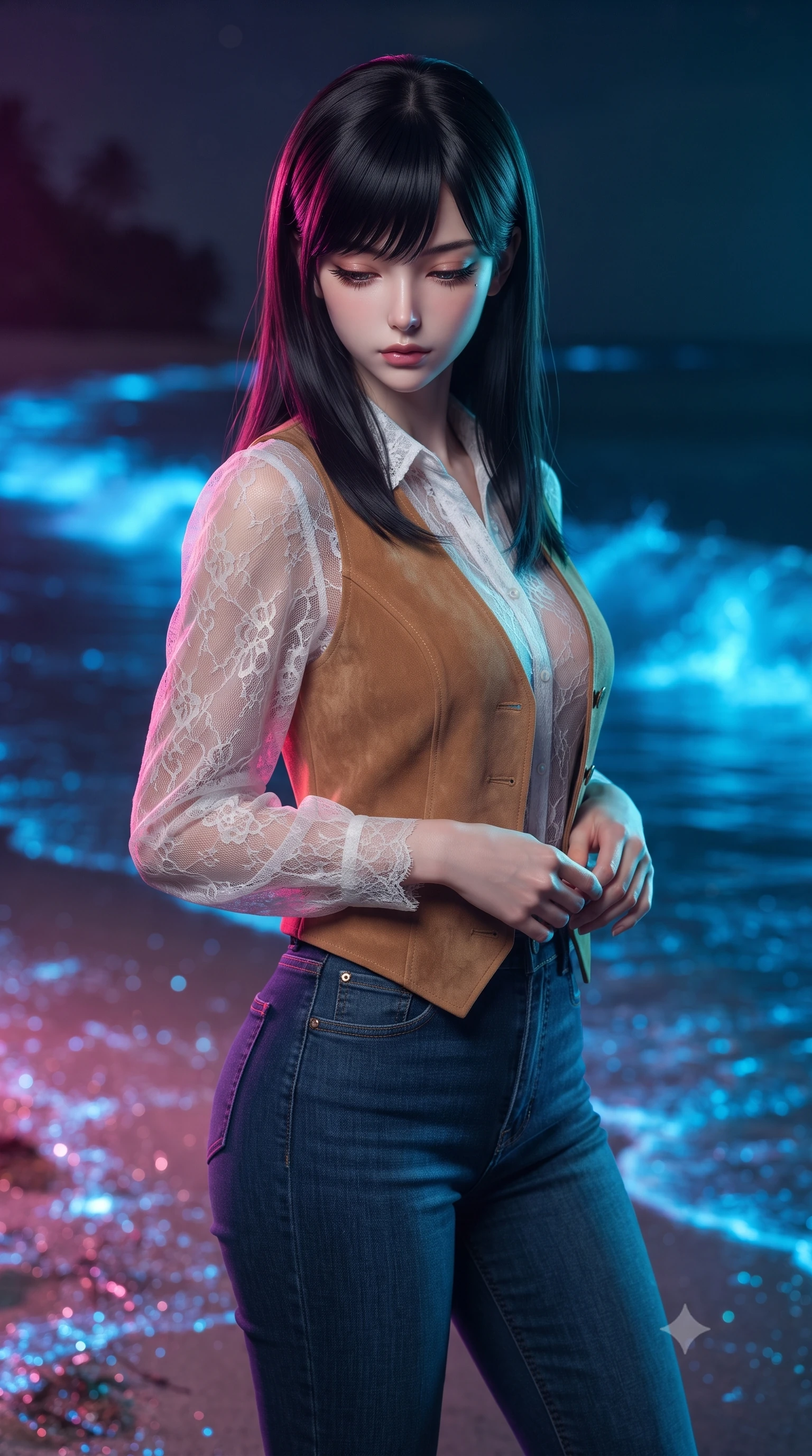 score_9, masterpiece, best quality, ultra-detailed, high-budget anime keyframe, editorial fashion photography, tasteful artistic composition, Caucasian woman, strictly human ears. close-up cowboy shot from the waist and thighs up, the character dominates the composition, filling the frame with her large presence, background elements kept in soft focus. Looking down with lowered lashes and a composed powerful expression. set against a soft-focus background of a tropical beach at midnight where every breaking wave crest glows with intense electric blue bioluminescence the wet sand sparkling with disturbed dinoflagellates and the dark ocean pulsing with underwater light. She has an exceptionally elegant and slender, willowy female figure with an ultra-slim waist, a gracefully sculpted slender torso, and a refined slim physique. sharp v-shaped jawline, high-bridge nose, intricate jewel-like eyes with depth, thick eyelashes, glossy lips with a natural sheen. wearing a sheer white lace blouse layered under a camel suede vest, paired with high-waisted dark blue jeans. dual-tone lighting with hot magenta from the left and cool cyan from the right. 2k, ultra detail, master piece, 9:16 ratio