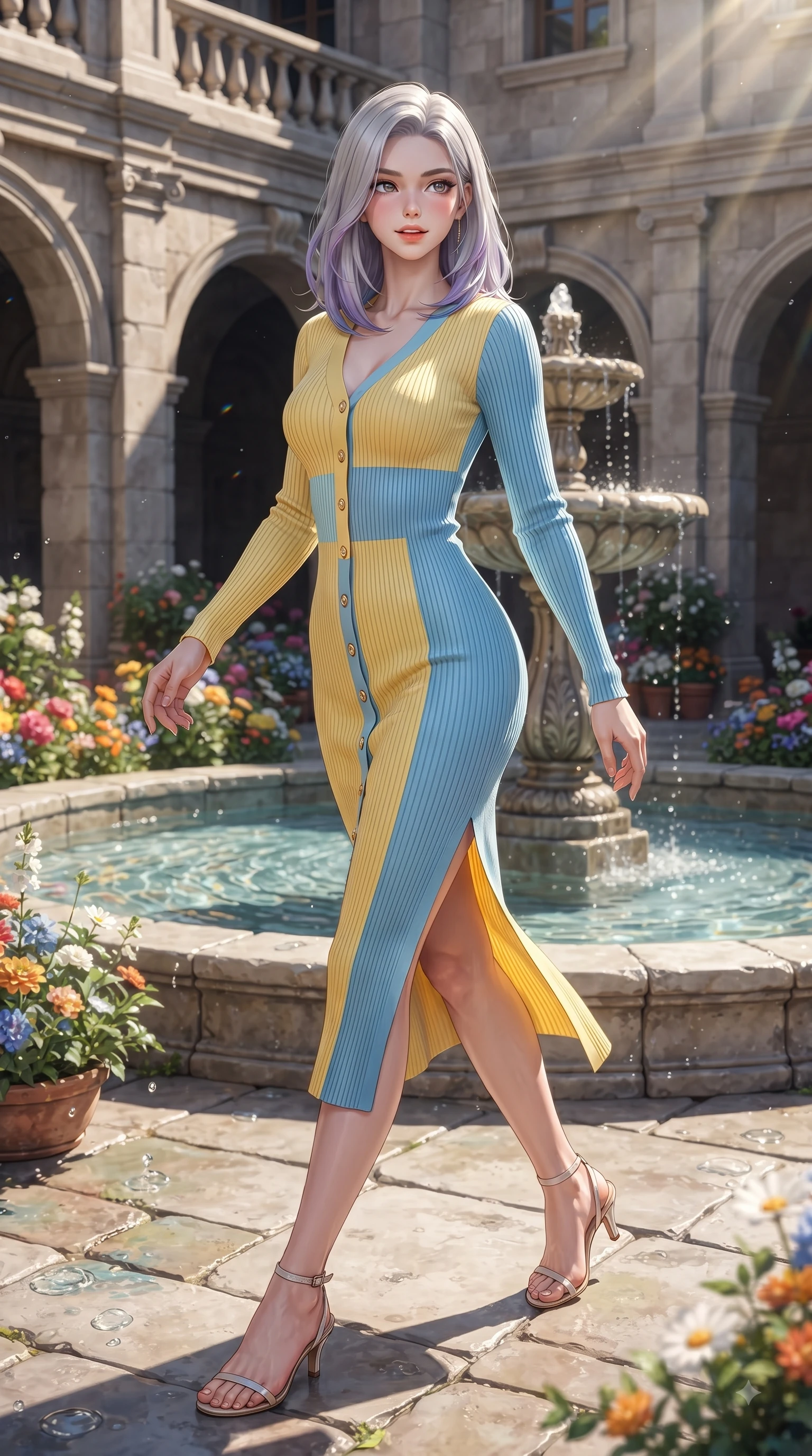 score_9, masterpiece, best quality, ultra-detailed, high-budget anime keyframe, editorial fashion photography, tasteful artistic composition, Caucasian woman. low angle full-body shot from head to toe showing her feet, filling the entire 9:16 vertical frame with her statuesque presence, stretching her vertical silhouette. stepping forward gracefully in mid-motion with a delighted cute expression, displaying her statuesque model proportions while pivoting gracefully near an ancient stone fountain catching bright morning sunbeams. The surrounding environment is rendered in vivid detail and crisp panoramic clarity. vibrant flower displays, fountain water ripples, and crisp architectural shadows in high clarity. She has an absolutely perfect, statuesque 8.5-heads proportion, an exceptionally tall and slender model-like female figure with impossibly long slender legs and an ultra-slim waist. sharp v-shaped jawline, high-bridge nose, intricate jewel-like eyes with depth, thick eyelashes, glossy lips with a natural sheen, flawlessly proportioned anatomical accuracy, natural body alignment, perfectly sculpted elegant limbs, clean dynamic posture without body distortion. wearing a form-fitting ribbed knit midi dress with a tasteful side leg slit in sunny canary yellow and clear sky blue, crafted from smooth liquid silk satin, adorned with delicate gold buttons along the front, the form-contouring material highlighting her ultra-slim waist and long lines. illuminated by clear sky refractions and vibrant specular highlights. ultra-reflective glossy finish, specular highlights, metallic sheen, high-contrast stereoscopic depth, volumetric dynamic lighting, 2k, ultra detail, master piece, 9:16 ratio