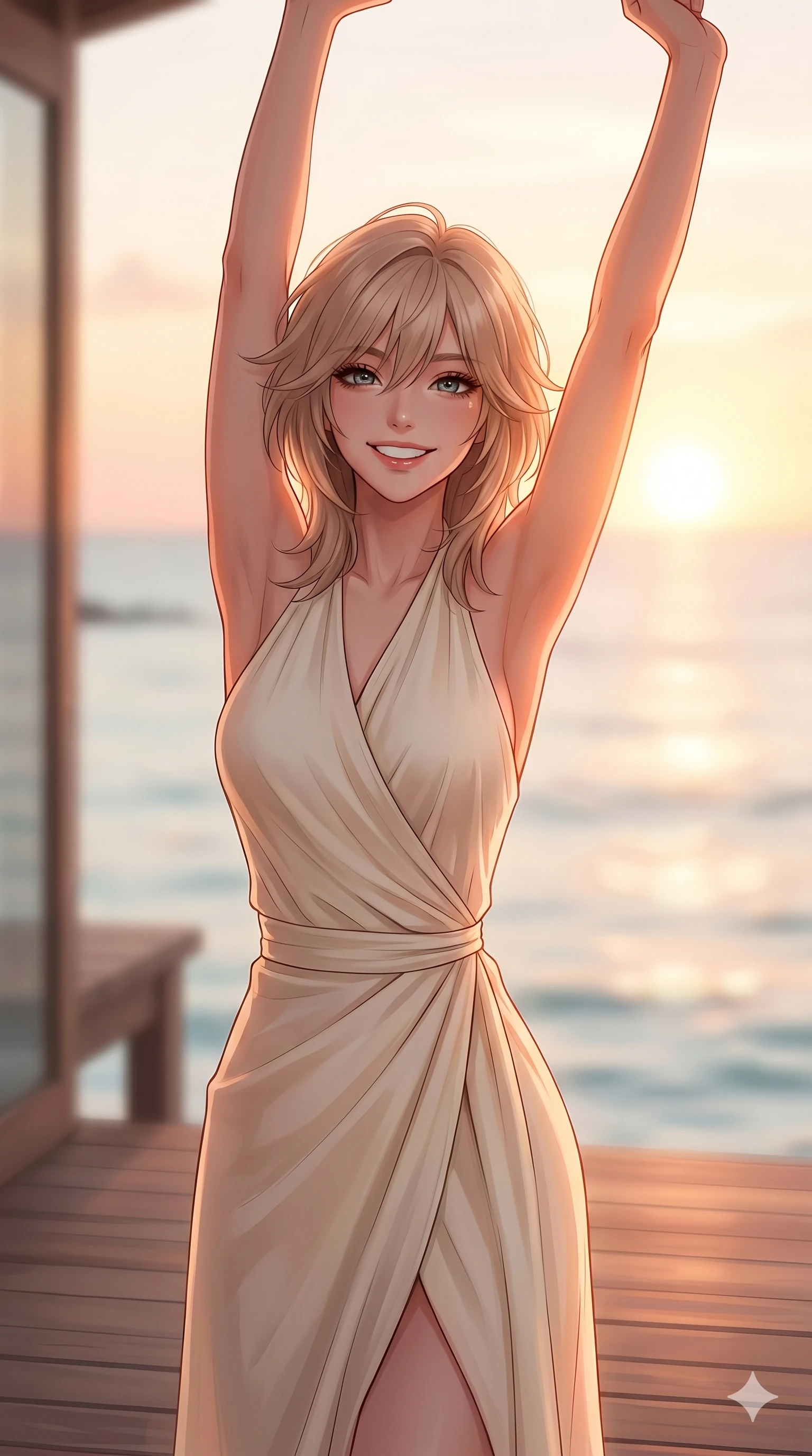 score_9, masterpiece, best quality, ultra-detailed, high-budget anime keyframe, editorial fashion photography, tasteful artistic composition, Japanese woman. cowboy shot from the thighs up, character and outfit filling the frame for maximum editorial presence. stretching her arms up with a bright, refreshed smile, greeting the new day standing on a wooden deck of a beach villa at sunrise. She has an absolutely perfect 8-heads proportion, an exceptionally tall and slender female figure with impossibly long slender legs and an ultra-slim waist. V-shaped jawline, high-bridge nose, intricate jewel-like eyes with depth, thick eyelashes, glossy lips with a natural sheen. wearing a cream-colored wrap dress with a graceful halter neck and bare shoulders. drenched in soft, warm sunrise light casting a gentle orange glow over her silhouette. 2k, ultra detail, master piece, 9:16 ratio
