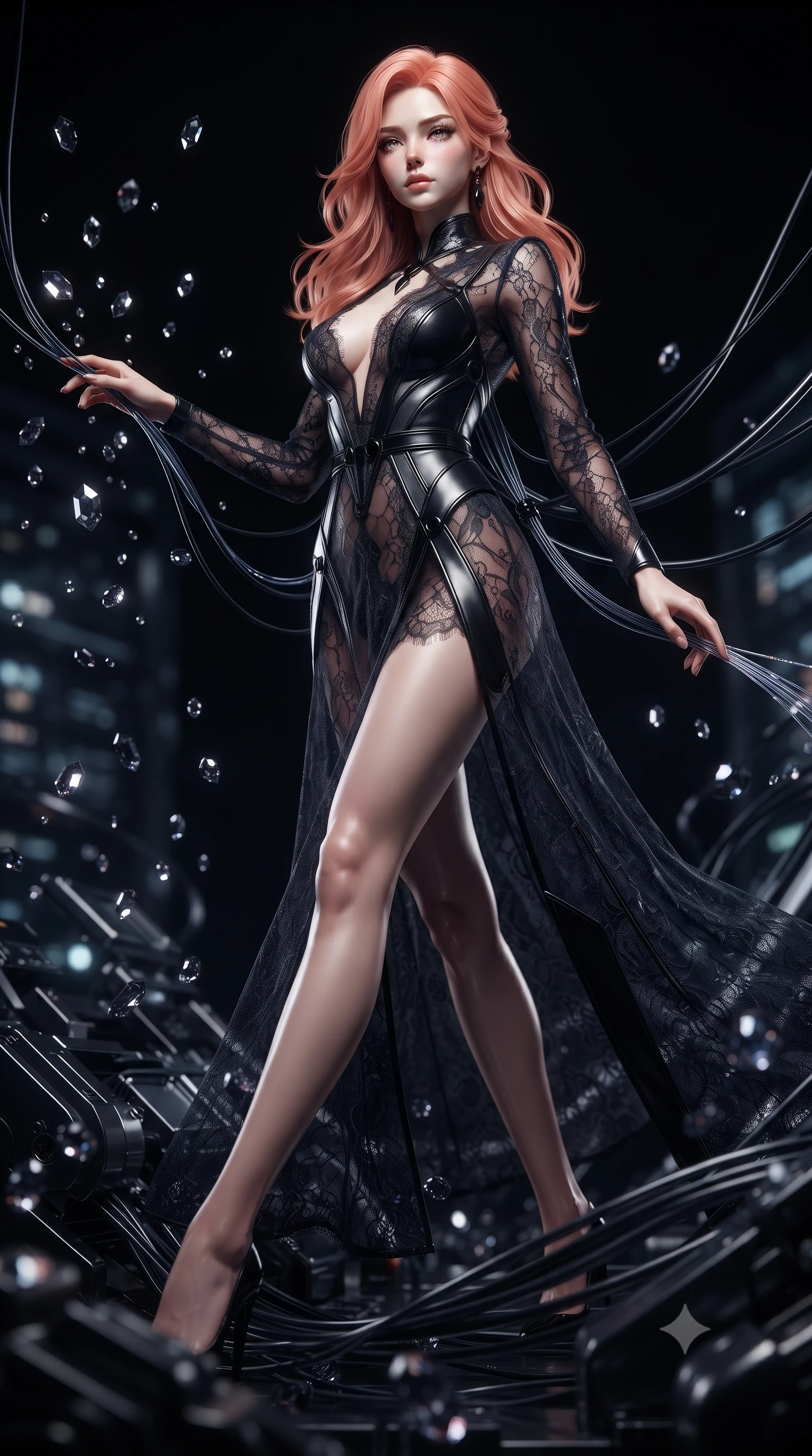 score_9, masterpiece, best quality, ultra-detailed, high-budget anime keyframe, editorial fashion photography, tasteful artistic composition, Japanese woman. low angle full-body shot from head to toe showing her feet, filling the entire 9:16 vertical frame with her statuesque presence, stretching her vertical silhouette. interacting with floating dark crystal particles, her long slender legs poised in motion, threading dark fiber-optic cables inside a dark quantum computer chamber, sleek dark metallic machinery in soft pitch-black background focus. She has an absolutely perfect, statuesque 8.5-heads proportion, an exceptionally tall and slender model-like female figure with impossibly long slender legs and an ultra-slim waist. sharp v-shaped jawline, high-bridge nose, intricate jewel-like eyes with depth, thick eyelashes, glossy lips with a natural sheen. wearing gothic nebula sheer dark lace gown with plunging neckline in metallic dark silver, made of polished black leather, adorned with minimalist black onyx hardware framing the silhouette, sculpting her athletic slender build with refined precision. lit by dramatic key light emerging from deep carbon fiber shadows. ultra-reflective glossy finish, specular highlights, metallic sheen, high-contrast stereoscopic depth, volumetric dynamic lighting, 2k, ultra detail, master piece, 9:16 ratio