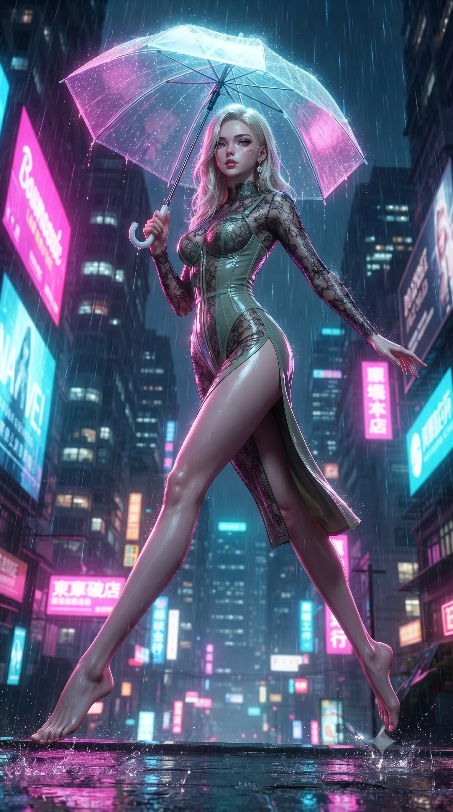 score_9, masterpiece, best quality, ultra-detailed, high-budget anime keyframe, editorial fashion photography, tasteful artistic composition, Caucasian woman. low angle full-body shot from head to toe showing her feet, filling the entire 9:16 vertical frame with her statuesque presence, stretching her vertical silhouette. leaping gracefully through mid-air with statuesque elegance, her impossibly long slender legs stretched in perfect balance while holding a glowing translucent umbrella under vibrant magenta and cyan billboards, fluttering lightweight attire catching the high-altitude rainy wind. She has an absolutely perfect, statuesque 8.5-heads proportion, an exceptionally tall and slender model-like female figure with impossibly long slender legs and an ultra-slim waist. sharp v-shaped jawline, high-bridge nose, intricate jewel-like eyes with depth, thick eyelashes, glossy lips with a natural sheen, flawlessly proportioned anatomical accuracy, natural body alignment, perfectly sculpted elegant limbs, clean dynamic posture without body distortion. wearing a sheer dark lace pattern bodysuit with structured corsetry boning in sage green and oatmeal, tailored from high-gloss patent leather, finished with a sleek side slit ascending to mid-thigh, the tailored fabric tightly following every curve of her athletic build. drenched in wet neon reflections with brilliant specular highlights on her silhouette. ultra-reflective glossy finish, specular highlights, metallic sheen, high-contrast stereoscopic depth, volumetric dynamic lighting, 2k, ultra detail, master piece, 9:16 ratio