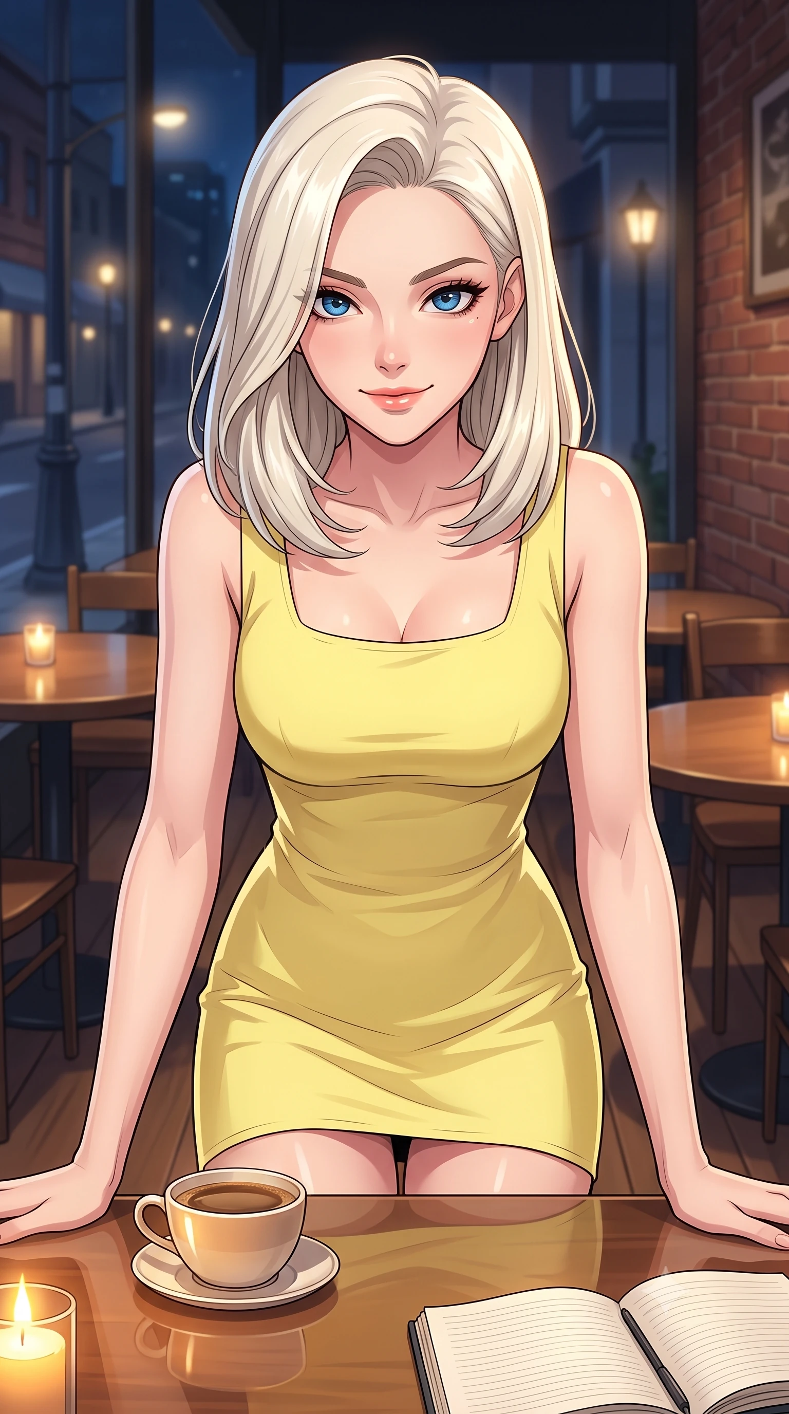 score_9, masterpiece, best quality, ultra-detailed, high-budget anime keyframe, tasteful artistic composition, Caucasian woman. close-up cowboy shot from the waist and thighs up, the character dominates the composition, filling the frame with her large presence, background elements kept in soft focus. leaning slightly forward with a playful, teasing smile, her gaze locked onto the viewer the background shows a soft-focus a quiet cafe corner at midnight with a warm cup of coffee and an open notebook. She has an exceptionally elegant, slender, and willowy female figure with an ultra-slim waist, a gracefully sculpted slender torso, and a refined silhouette. sharp v-shaped jawline, high-bridge nose, intricate jewel-like eyes with depth, thick eyelashes, glossy lips with a natural sheen. wearing a slim-fit casual summer sundress in pale yellow cotton with a simple square neckline. warm flickering candlelight reflecting off the glossy table surface. highly saturated vibrant anime colors, cel-shading, 2d style, master piece, 9:16 ratio