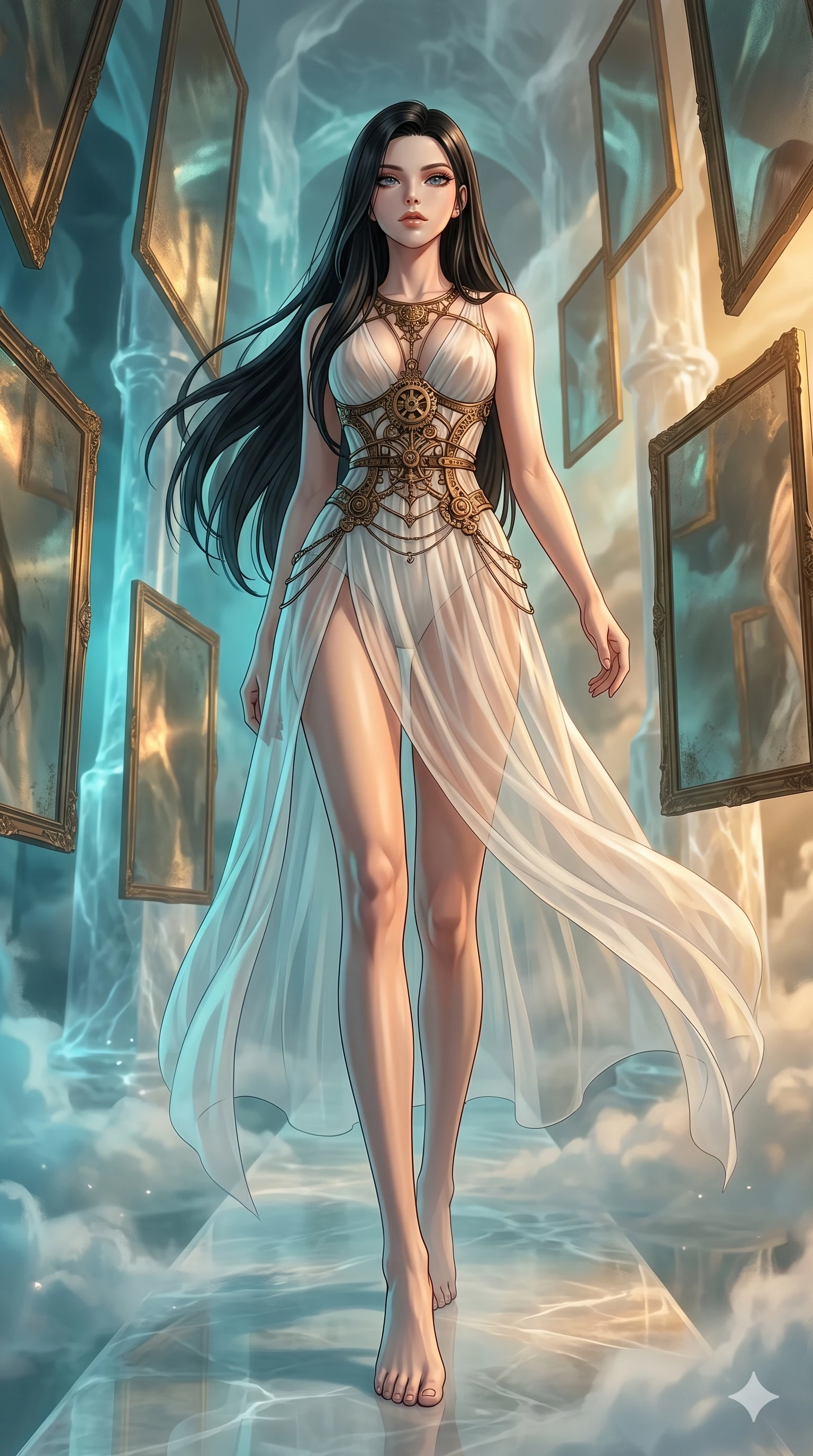 score_9, masterpiece, best quality, ultra-detailed, high-budget anime keyframe, Caucasian woman, strictly human ears. low angle full-body shot filling the entire 9:16 frame with her statuesque presence, stretching the vertical silhouette. wandering through a mirage cloud cathedral of translucent marble and water mist, surrounded by floating ancient bronze mirror walls. She has an absolutely perfect 8-heads proportion, an exceptionally tall and slender female figure with impossibly long slender legs and an ultra-slim waist. V-shaped jawline, high-bridge nose, intricate jewel-like eyes with depth, thick eyelashes, glossy lips with a natural sheen.. wearing a chrono-gear wire harness couture, featuring micro-bronze gear wire harness cinching her waist, over a sheer white organza dress. accented by dynamic color-blocked lighting with high-contrast shadows emphasizing her statuesque height. 2k, ultra detail, master piece, 9:16 ratio