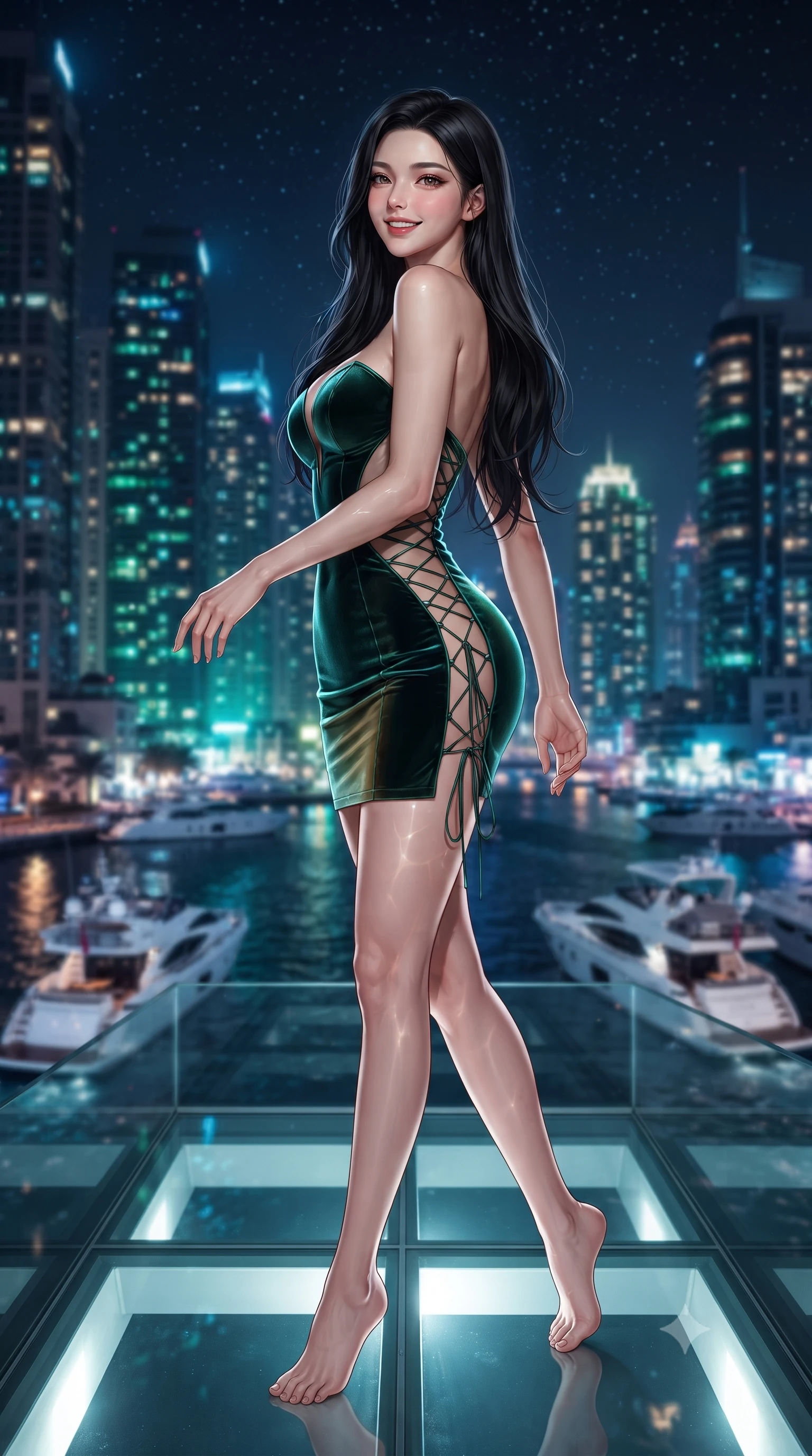 score_9, masterpiece, best quality, ultra-detailed, high-budget anime keyframe, editorial fashion photography, tasteful artistic composition, Korean woman. low angle full-body shot from head to toe showing her feet, filling the entire 9:16 vertical frame with her statuesque presence, stretching her vertical silhouette. walking along the terrace with poise, looking back over her bare shoulder with an irresistible smoldering bedroom-gaze while twisting her slender torso in an alluring contrapposto stance, shimmering sea water caustics tracing her narrow waist and curvy hips. The background shows a soft-focus towering illuminated skyscrapers of Dubai Marina reflecting on the water, luxury yachts cruising past, and starry night sky blurred into electric sapphire, emerald, and topaz bokeh. She has an exceptionally tall and slender model-like 8.5-heads proportion, an ultra-slim waist, a flat toned midriff, narrow delicate ribcage, and beautifully sculpted feminine hips creating a graceful, slim hourglass silhouette without any bulky heaviness, with impossibly long slender legs. sharp v-shaped jawline, high-bridge nose, intricate jewel-like sparkling eyes with depth, thick eyelashes, glossy parted lips with a natural peach sheen, bright cheerful beaming smile with an enchanting and coquettish sensual glint, exuding both youthful cute charm and seductive allure, flawlessly proportioned anatomical accuracy, strict slender model proportions, natural body alignment, perfectly sculpted long slender limbs, ultra-slim waistline, clean dynamic posture without body distortion. wearing a deep sweetheart-neckline velvet bodycon mini dress with sheer side-torso cutouts accentuating her hourglass curves in Hakone bamboo jade green and warm hinoki cedar, tailored from crisp duchess satin with architectural structure and high-gloss luster, featuring fine criss-cross lace-up side ties revealing tantalizing glimpses of her hip curve, the liquid-tight tailored fabric clinging flawlessly to her narrow waist and rounded feminine hips, emphasizing every millimeter of her sculpted slim hourglass curves without any bulky heaviness. illuminated by glass floor upward bounce and sharp platinum-cyan rim lights defining her jawline, flat midriff, and feminine hips. ultra-reflective glossy finish, specular highlights, rich textural contrasts, high-contrast stereoscopic depth, volumetric dynamic lighting, 2k, ultra detail, master piece, 9:16 ratio