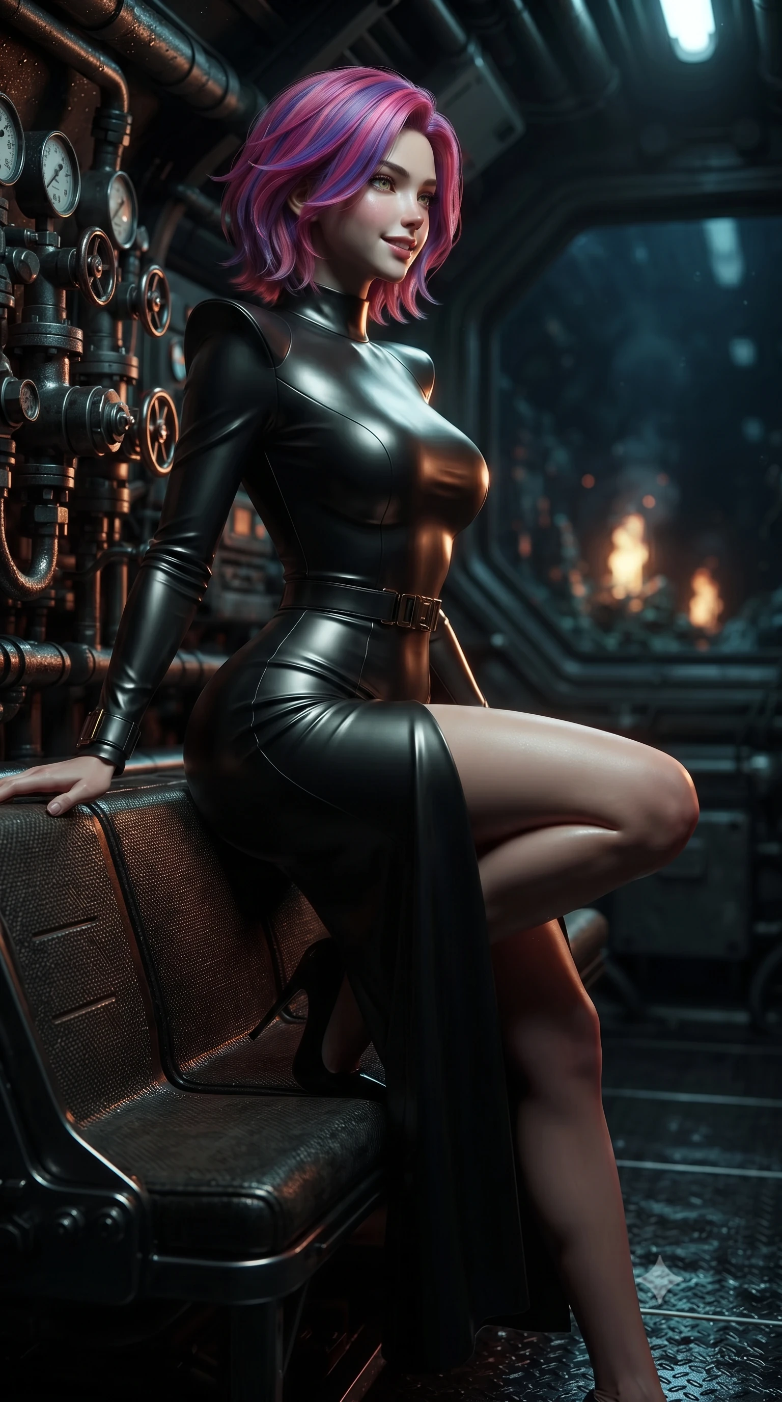score_9, masterpiece, best quality, ultra-detailed, high-budget anime keyframe, editorial fashion photography, tasteful artistic composition, Caucasian woman. close-up cowboy shot from the waist and thighs up, the character dominates the composition, filling the frame with her large presence. perched sideways on the lounge seat, one knee drawn up to showcase her slender leg line while her arched back accentuates her feminine hip curve while leaning against the hydraulic valve cluster with hips cocked back, looking into the pitch-black abyss illuminated by hydrothermal vent fires with smoldering bedroom-eyes. The background shows a soft-focus condensing humidity droplets softened in deep-sea combat submarine bay shallow focus. She has an exceptionally elegant, slender, and willowy female figure with an ultra-slim waist, flat toned midriff, narrow ribcage, and sculpted feminine hips creating an alluring, slim hourglass silhouette without bulk. sharp v-shaped jawline, high-bridge nose, intricate jewel-like sparkling eyes with depth, thick eyelashes, glossy parted lips with a natural peach sheen, bright cheerful beaming smile with an enchanting and coquettish sensual glint, exuding both youthful cute charm and seductive allure, flawlessly proportioned anatomical accuracy, strict slender model proportions, natural body alignment, perfectly sculpted long slender limbs, ultra-slim waistline, clean dynamic posture without body distortion. wearing a body-hugging liquid mercury jersey combat gown with high mock neck and structured shoulder pads clinging flawlessly to her silhouette in solar-wind gold and deep space void black, woven from buttery-soft stretch lambskin leather adhering to her body like a second skin, finished with sleek magnetic buckle closures fluttering in the breeze, the liquid-tight tailored fabric clinging flawlessly to her narrow waist and rounded feminine hips, emphasizing every millimeter of her sculpted slim hourglass curves without any bulky heaviness. illuminated by wet steel floor reflection bounce and sharp ruby-gold rim lights sculpting her razor-sharp jawline, narrow waist, and curvy hips. ultra-reflective glossy finish, specular highlights, rich textural contrasts, high-contrast stereoscopic depth, volumetric dynamic lighting, 2k, ultra detail, master piece, 9:16 ratio