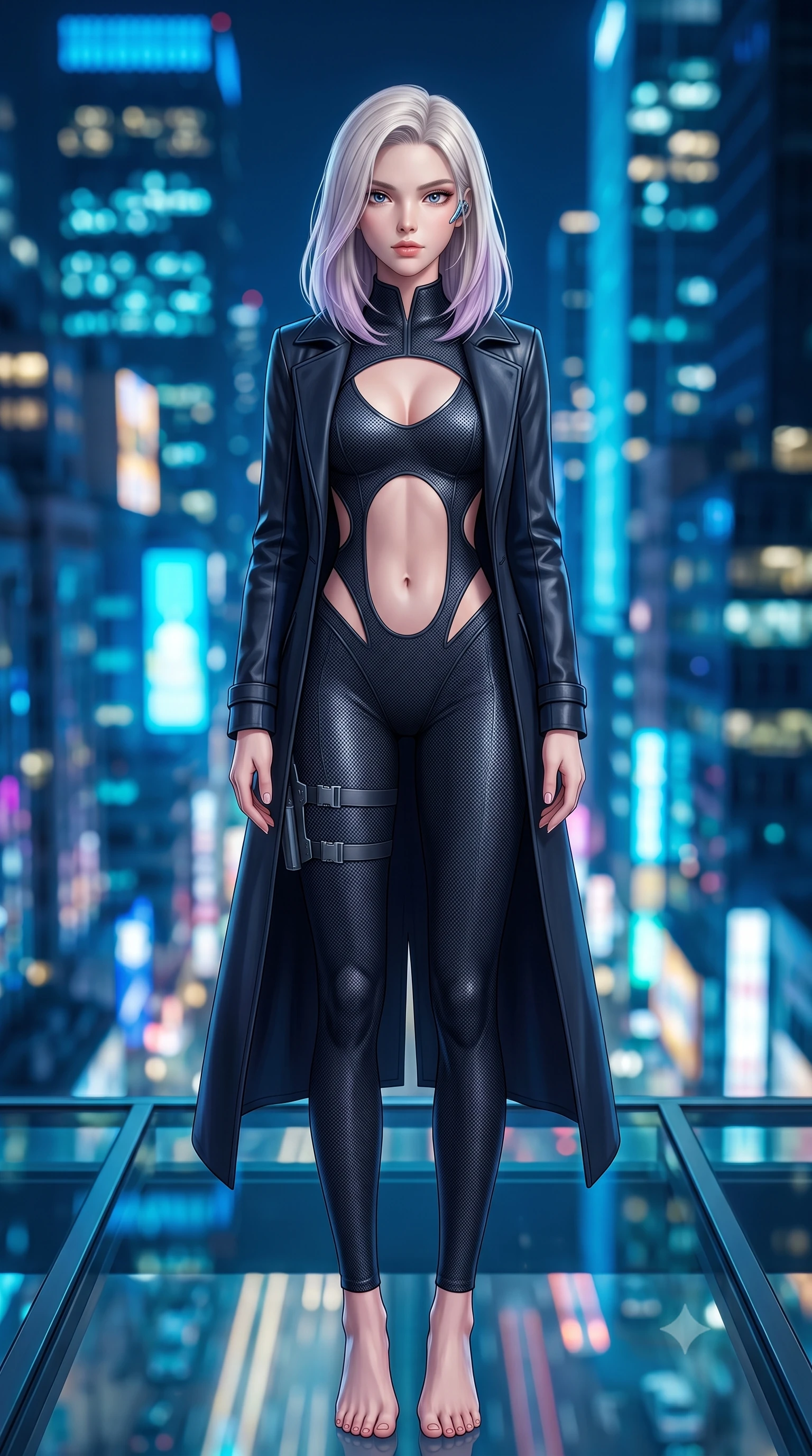 score_9, masterpiece, best quality, ultra-detailed, high-budget anime keyframe, semi-realistic 3D game render, editorial fashion photography, tasteful artistic composition, Caucasian woman. low angle full-body shot from head to toe showing her feet, filling the entire 9:16 vertical frame with her statuesque presence, stretching her vertical silhouette. landing lightly on the balls of her feet in a balanced kinetic stance, eyes locked onto the camera with fearless allure while standing poised on a transparent structural glass floor overlooking the dizzying vertical abyss of a neon metropolis at 3 AM. The composition keeps background elements in soft focus with creamy bokeh. dizzying vertical cityscape traffic light trails and neon skyscrapers far below blurred into sapphire, cyan, and gold bokeh. She has an absolutely perfect, statuesque 8.5-heads proportion, an exceptionally tall and slender model-like female figure with impossibly long slender legs, a toned flat midriff, and an ultra-slim waist. sharp v-shaped jawline, high-bridge nose, intricate jewel-like eyes with depth, thick eyelashes, glossy lips with a natural sheen, captivating and magnetic expression, flawlessly proportioned anatomical accuracy, strict slender model proportions, natural body alignment, perfectly sculpted long slender limbs, ultra-slim waistline, clean dynamic posture without body distortion. wearing a sleek second-skin dark carbon-weave infiltration catsuit paired with a tailored long leather trench coat in stealth obsidian black and midnight navy, crafted from flexible ballistic matte leather and ultra-sleek stretch neoprene, equipped with a minimalist titanium leg holster and smart holographic earpiece, the precision-cut daring openings accentuating her delicate midriff, graceful bare collarbones, and ultra-slim feminine waistline. surrounded by a mastermind, elite, and dangerously seductive intelligence director aura. highly saturated vibrant anime colors, detailed shading with soft gradients, rich glossy textures, high-contrast stereoscopic depth, volumetric dynamic lighting, master piece, 9:16 ratio