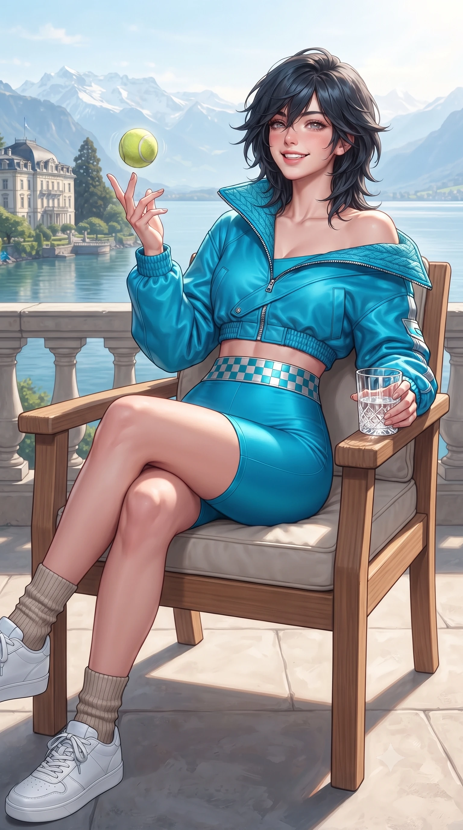 score_9, masterpiece, best quality, ultra-detailed, high-budget anime keyframe, editorial fashion photography, tasteful artistic composition, Caucasian woman. close-up cowboy shot from the waist and thighs up, the character dominates the composition, filling the frame with her large presence. playfully spinning a tennis ball on her fingertips, her radiant smile capturing fresh girlhood charm while her arched torso reveals an intoxicating hip contour while lounging in a teak garden armchair with legs crossed, holding a crystal water tumbler with effortless Swiss aristocratic allure. The surrounding environment is rendered in vivid detail and crisp panoramic clarity: detailed cashmere cable-knit texture, alpine sun on skin, and neoclassical lakefront chateau architecture in high resolution. She has an exceptionally elegant, slender, and willowy female figure with an ultra-slim waist, flat toned midriff, narrow ribcage, and sculpted feminine hips creating an alluring, slim hourglass silhouette without bulk. sharp v-shaped jawline, high-bridge nose, sparkling eyes with athletic focus and depth, thick curled eyelashes, glossy parted lips with a natural coral-peach sheen, bright confident and coquettish smile with alluring bedroom-eyes, exuding both youthful sporty vigor and sovereign high-society glamour, flawlessly proportioned anatomical accuracy, strict slender model proportions, natural body alignment, perfectly sculpted long slender limbs, ultra-slim waistline, clean dynamic posture without body distortion. wearing an asymmetric off-shoulder cropped windbreaker jacket paired with tight high-waisted biker shorts and a checkered waist sash in metallic liquid silver and electric cyan, crafted from supple buttery lambskin racing leather with a satin sheen, complemented by ribbed knit crew socks and clean white designer court sneakers, the high-waisted wrap tailoring accentuating her ultra-slim waistline and the enchanting curve of her feminine hips with alluring sporty charm. bathed in luminous alpine morning sunlight cascading across the vast lake basin. ultra-reflective glossy finish, specular highlights, rich textural contrasts, high-contrast stereoscopic depth, volumetric dynamic lighting, 2k, ultra detail, master piece, 9:16 ratio