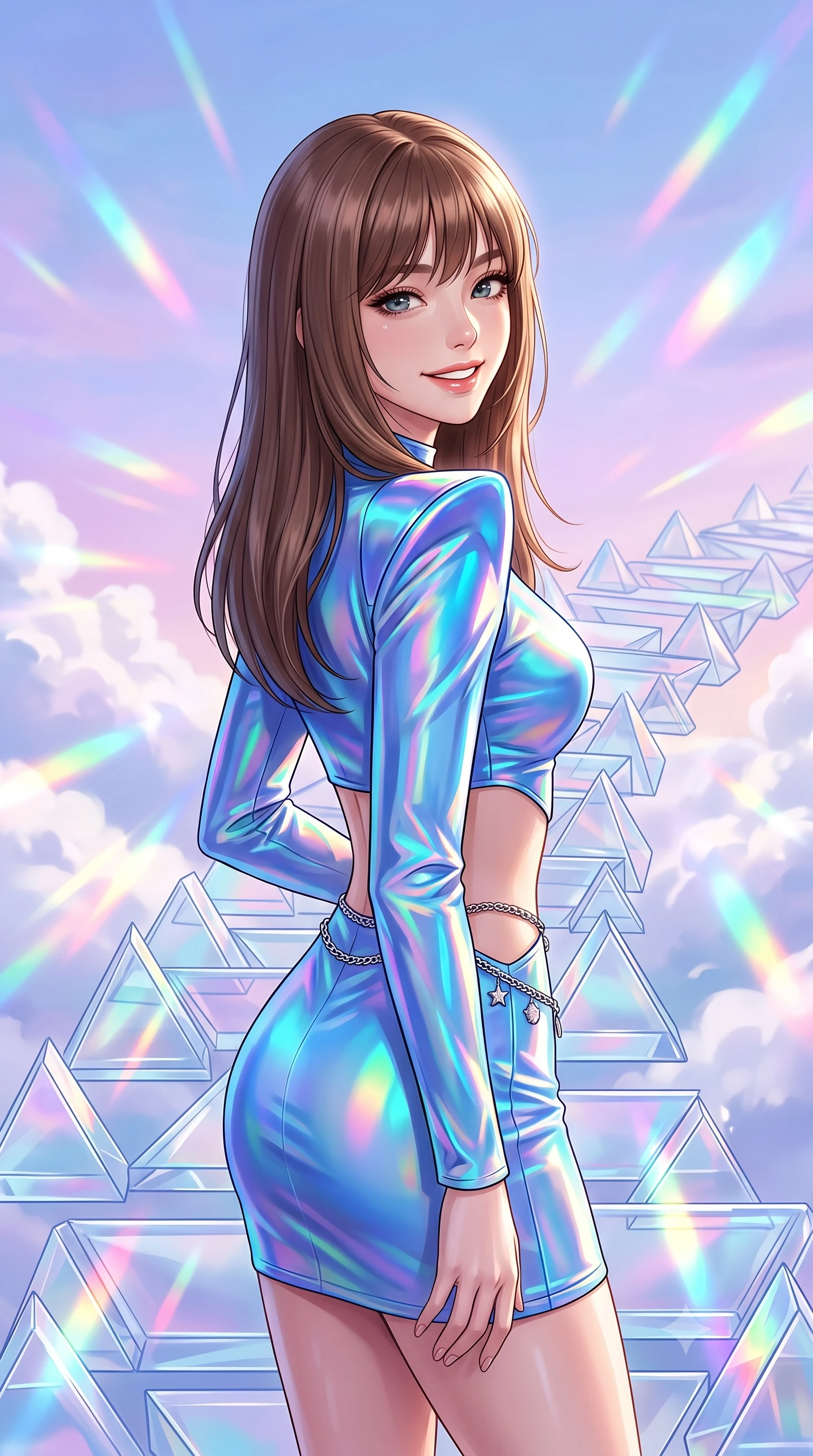 score_9, masterpiece, best quality, ultra-detailed, high-budget anime keyframe, editorial fashion photography, tasteful artistic composition, Korean woman. close-up cowboy shot from the waist and thighs up, the character dominates the composition, filling the frame with her large presence, background elements kept in soft focus. Looking over her shoulder with a bright, welcoming smile and happy eyes. set against a soft-focus background of on a pathway made of solid triangular glass prisms floating in a pastel sky, bending all light that passes through it. She has an exceptionally elegant, slender, and willowy female figure with a highly-defined ultra-slim waist, a gracefully sculpted slender torso, and a refined slim-fit silhouette that contours her form. sharp v-shaped jawline, high-bridge nose, intricate jewel-like eyes with depth, thick eyelashes, glossy lips with a natural sheen. wearing a holographic mini dress in electric blue, featuring structured shoulder pads, an exposed midriff, and a silver waist chain. bright midday sun refracting through the glass prism path, casting vivid rainbow streaks across the surrounding white clouds. 2k, ultra detail, master piece, 9:16 ratio