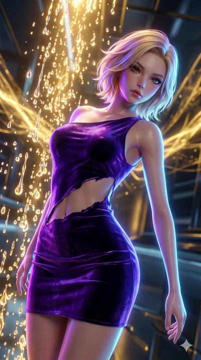 score_9, masterpiece, best quality, ultra-detailed, high-budget anime keyframe, Japanese woman. upper body close-up from the thighs up, character filling the screen for maximum presence. dodging ethereal liquid gold rain that rises upward from the gr