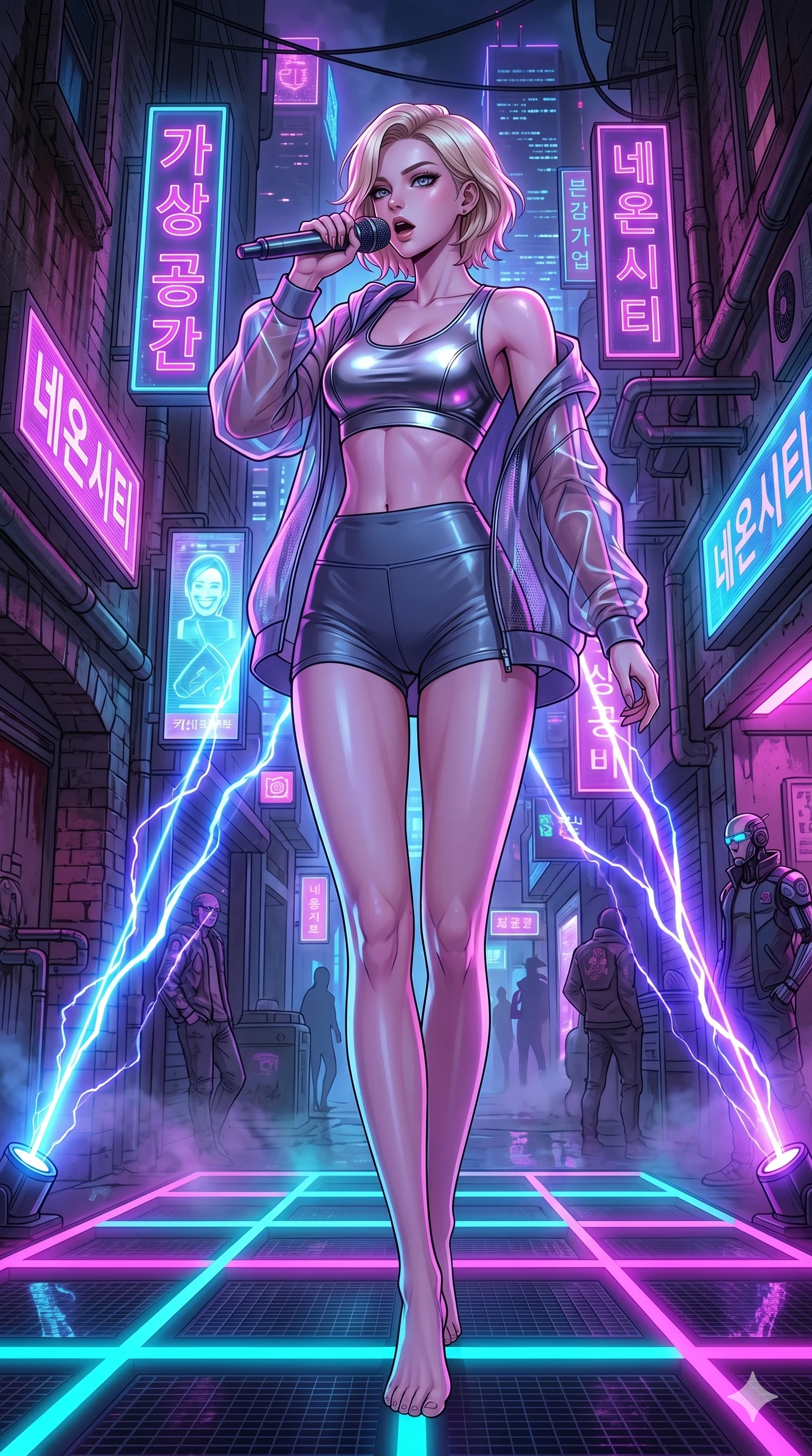 score_9, masterpiece, best quality, ultra-detailed, high-budget anime movie keyframe, cinematic anime lighting, intricate line art, Caucasian (strictly human ears) woman. Low angle cowboy shot filling the entire 9:16 frame with her statuesque presence. singing on a laser stage in a neon-lit cyberpunk alleyway with lightning lasers. She has an absolutely perfect 8-heads proportion, an exceptionally tall and slender female figure with an ultra-slim waist and impossibly long slender legs. sharp v-shaped jawline, high-bridge nose, intricate jewel-like eyes, thick eyelashes, glossy lips. Wearing premium athleisure set with a metallic-finish compression top, high-cut yoga shorts that accentuate her long legs, and a sheer oversized hoodie. The scene is illuminated by dramatic atmospheric lighting and vibrant color palettes. , 2k, ultra detail, master piece, 9:16 ratio
