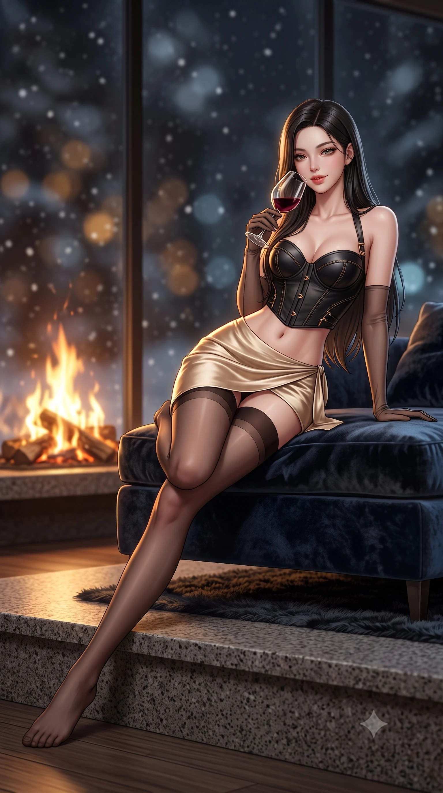 score_9, masterpiece, best quality, ultra-detailed, high-budget anime keyframe, semi-realistic 3D game render, editorial fashion photography, tasteful artistic composition, Korean woman. low angle full-body shot from head to toe showing her feet, filling the entire 9:16 vertical frame with her statuesque presence, stretching her vertical silhouette. reclining gracefully across the plush chaise lounge with one leg extended, her sculpted silhouette and flat midriff radiating magnetic nocturnal glamour while sitting perched on the low granite hearth rim with one knee drawn up, holding a glass of Pinot Noir with a seductive, teasing half-smile. The background shows a soft-focus flickering natural log fire flames, towering floor-to-ceiling panoramic glass windows, and swirling snowdrifts outside blurred into amber, charcoal, and ice-blue bokeh. She has an absolutely perfect, statuesque 8.5-heads proportion, an exceptionally tall and slender model-like female figure with impossibly long slender legs, an ultra-slim waist, a flat toned midriff, narrow delicate ribcage, and beautifully sculpted feminine hips creating a graceful, slim hourglass silhouette without any bulky heaviness. sharp v-shaped jawline, high-bridge nose, sparkling eyes with hypnotic seductive depth, thick curled eyelashes, glossy parted lips with a natural dewy peach sheen, alluring bedroom-eyes with an enchanting coquettish smile, exuding magnetic siren charisma and sophisticated glamour, flawlessly proportioned anatomical accuracy, strict slender model proportions, natural body alignment, perfectly sculpted long slender limbs, ultra-slim waistline, clean dynamic posture without body distortion. wearing a structured boned leatherette corset bodice paired with an ultra-short micro-wrap mini skirt and sheer thigh-high stockings in midnight obsidian black and liquid champagne gold, crafted from fluid liquid silk satin that clings smoothly to every curve with a dewy sheen, complemented by sheer opera-length evening gloves tracing her slender arms, the glove-like clinging cut tightly following the natural contour of her hips and long slender legs with youthful 8.5-heads elegance. illuminated by hearth reflection bounce and sharp warm-gold rim lights defining her delicate clavicles, ultra-slim waist, and curvy hips. highly saturated vibrant anime colors, detailed shading with soft gradients, rich glossy textures, high-contrast stereoscopic depth, volumetric dynamic lighting, master piece, 9:16 ratio