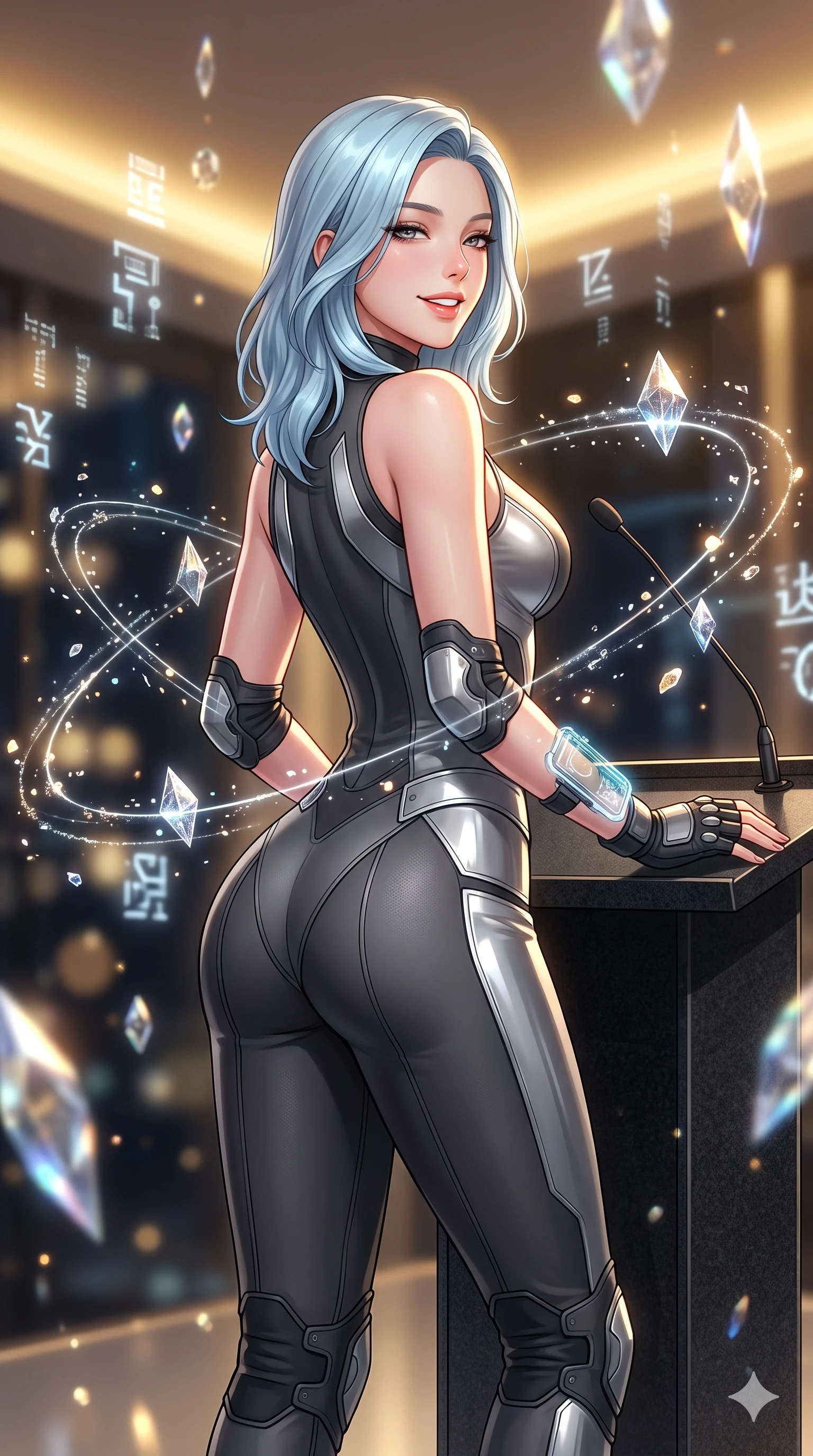 score_9, masterpiece, best quality, ultra-detailed, high-budget anime keyframe, semi-realistic 3D game render, editorial fashion photography, tasteful artistic composition, Korean woman. close-up cowboy shot from the waist and thighs up, the character dominates the composition, filling the frame with her large presence. posing in an alluring rear three-quarter angle, looking over a bare shoulder with heavy-lidded sparkling eyes, her hips cocked back to highlight her slim hourglass curve while standing poised at the black granite speaker podium, arching her lower back with sovereign supermodel grace as levitating cryptographic data crystals rotate in complex orbital paths. The background shows a soft-focus floating holographic glyphs and crystal refractions blurred into gold, platinum, and deep obsidian bokeh. She has an exceptionally elegant, slender, and willowy female figure with an ultra-slim waist, flat toned midriff, narrow ribcage, and sculpted feminine hips creating an alluring, slim hourglass silhouette without bulk. sharp v-shaped jawline, high-bridge nose, intricate jewel-like sparkling eyes with depth, thick eyelashes, glossy parted lips with a natural sheen, bright confident smile with an enchanting and coquettish sensual glint, exuding both youthful magnetic charm and sovereign high-tech allure, flawlessly proportioned anatomical accuracy, strict slender model proportions, natural body alignment, perfectly sculpted long slender limbs, ultra-slim waistline, clean dynamic posture without body distortion. wearing a high-neck tactical reconnaissance jumpsuit with reinforced knee and elbow articulation guards in charcoal grey and polished chrome, made of flexible bullet-resistant ballistic microfiber with high-tensile strength, complemented by fingerless armored tactical gloves and a glowing holographic wrist terminal, the impeccably tailored cut draping gracefully along her slender figure with aristocratic poise. bathed in the prestigious warm 2800K glow of recessed golden cove lighting mixed with crisp cold white crystal data projections. highly saturated vibrant anime colors, detailed shading with soft gradients, rich glossy textures, high-contrast stereoscopic depth, volumetric dynamic lighting, master piece, 9:16 ratio