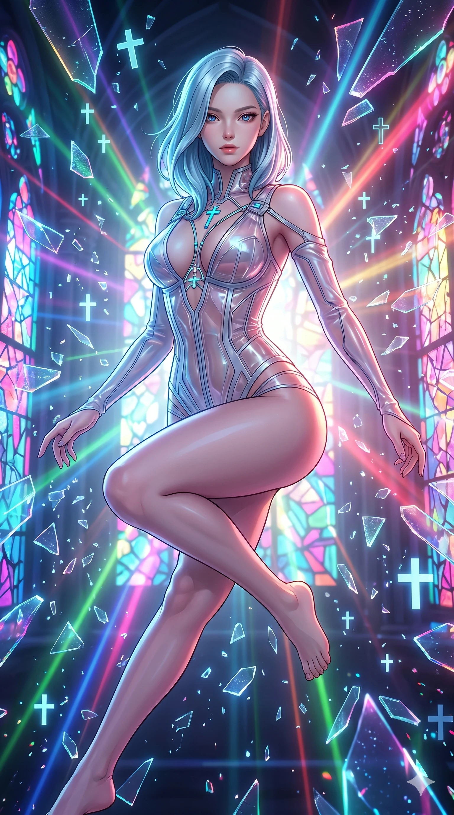 score_9, masterpiece, best quality, ultra-detailed, high-budget anime keyframe, editorial fashion photography, tasteful artistic composition, Korean woman. Upper body close-up from the thighs up, character filling the screen for maximum presence. She is leaping through shattered stained glass of a neon-lit futuristic cathedral. She maintains a serene yet captivating expression amidst a rain of glowing shards and floating digital cross symbols. She has an absolutely perfect 8-heads proportion, an exceptionally tall and slender female figure with impossibly long slender legs and an ultra-slim waist. V-shaped jawline, high-bridge nose, intricate jewel-like eyes with depth, thick eyelashes, glossy lips with a natural sheen. She is wearing a translucent cybernetic corset in semi-opaque structured vinyl, combined with detached sleeves and a deep-plunging neckline secured by glowing micro-straps. The scene is backlit by intense multi-colored neon light rays and volumetric dawn light filtering through fog. 2k, ultra detail, master piece, 9:16 ratio