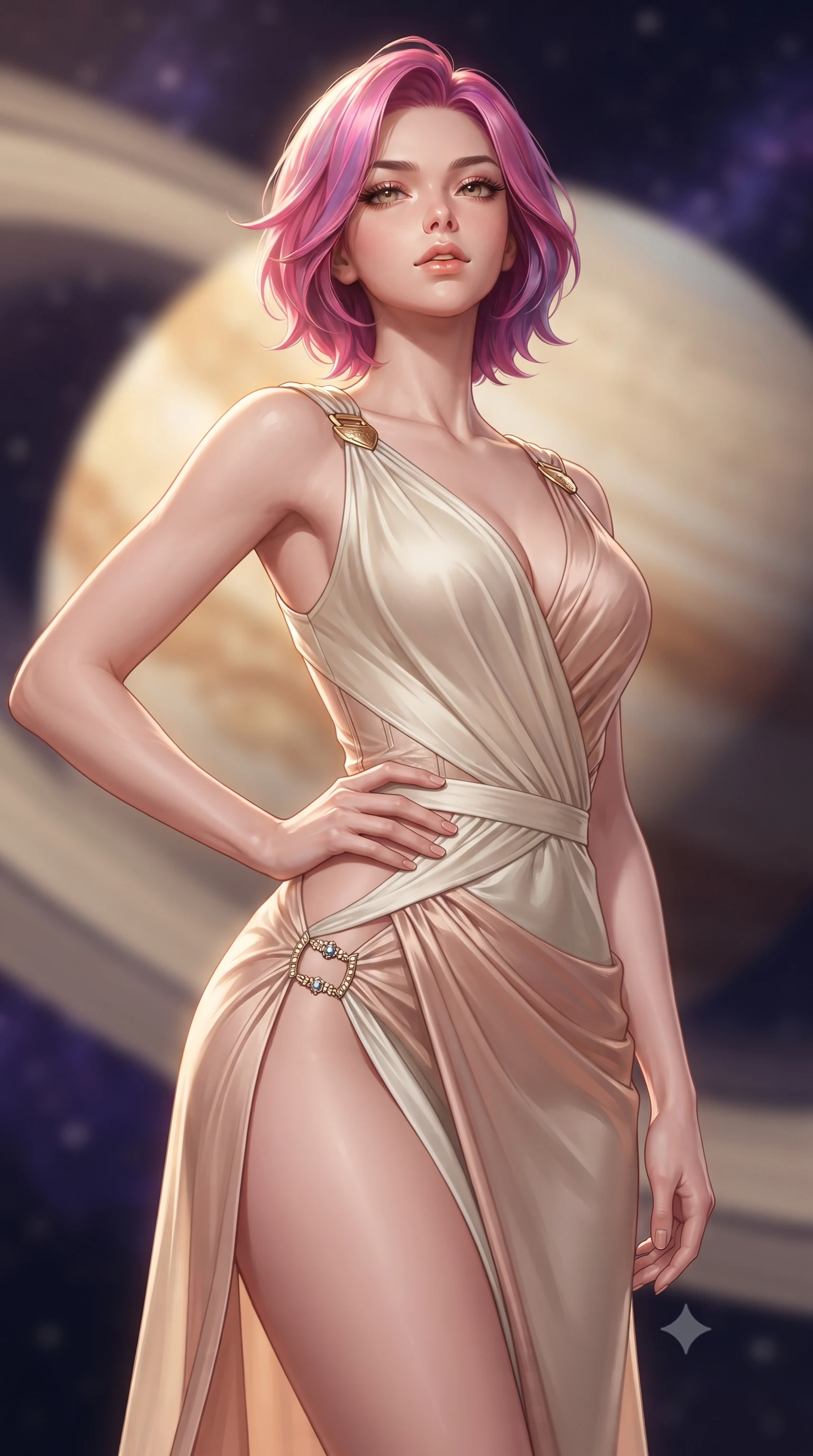 score_9, masterpiece, best quality, ultra-detailed, high-budget anime keyframe, editorial fashion photography, tasteful artistic composition, Caucasian woman. close-up cowboy shot from the waist and thighs up, the character dominates the composition, filling the frame with her large presence. tilting her chin up with proud, sovereign allure while gazing through thick eyelashes, one hand resting on her waist in pure supermodel charisma while standing poised against the transparent floor viewport, turning in an elegant dancer S-curve as planetary ring-shine sculpts her willowy silhouette. The composition keeps background elements in soft focus with creamy bokeh. glimmering ice rings of Saturn and swirling amber planetary cloud bands blurred into opalescent gold, pearl-white, and deep cosmic violet bokeh. She has an exceptionally elegant, slender, and willowy female figure with an ultra-slim waist, flat toned midriff, narrow ribcage, and sculpted feminine hips creating an alluring, slim hourglass silhouette without bulk. sharp v-shaped jawline, high-bridge nose, intricate jewel-like eyes with depth, thick eyelashes, glossy parted lips with a natural sheen, intensely captivating and seductive bedroom-eyes expression, flawlessly proportioned anatomical accuracy, strict slender model proportions, natural body alignment, perfectly sculpted long slender limbs, ultra-slim waistline, clean dynamic posture without body distortion. wearing a high-slit Grecian goddess draped gown with asymmetrical gold shoulder clasps and hip gathering in vintage champagne ivory and delicate rose gold, made of fluid silk crepe with delicate inner corsetry boning, finished with an ultra-high side slit secured by miniature jeweled clasps, the second-skin form-contouring cut accentuating her sculpted flat midriff, narrow delicate ribcage, and gracefully curvy hips with supermodel precision. bathed in ethereal golden ring-shine from Saturn's rings contrasting with deep space blue ambient fill. ultra-reflective glossy finish, specular highlights, rich textural contrasts, high-contrast stereoscopic depth, volumetric dynamic lighting, 2k, ultra detail, master piece, 9:16 ratio