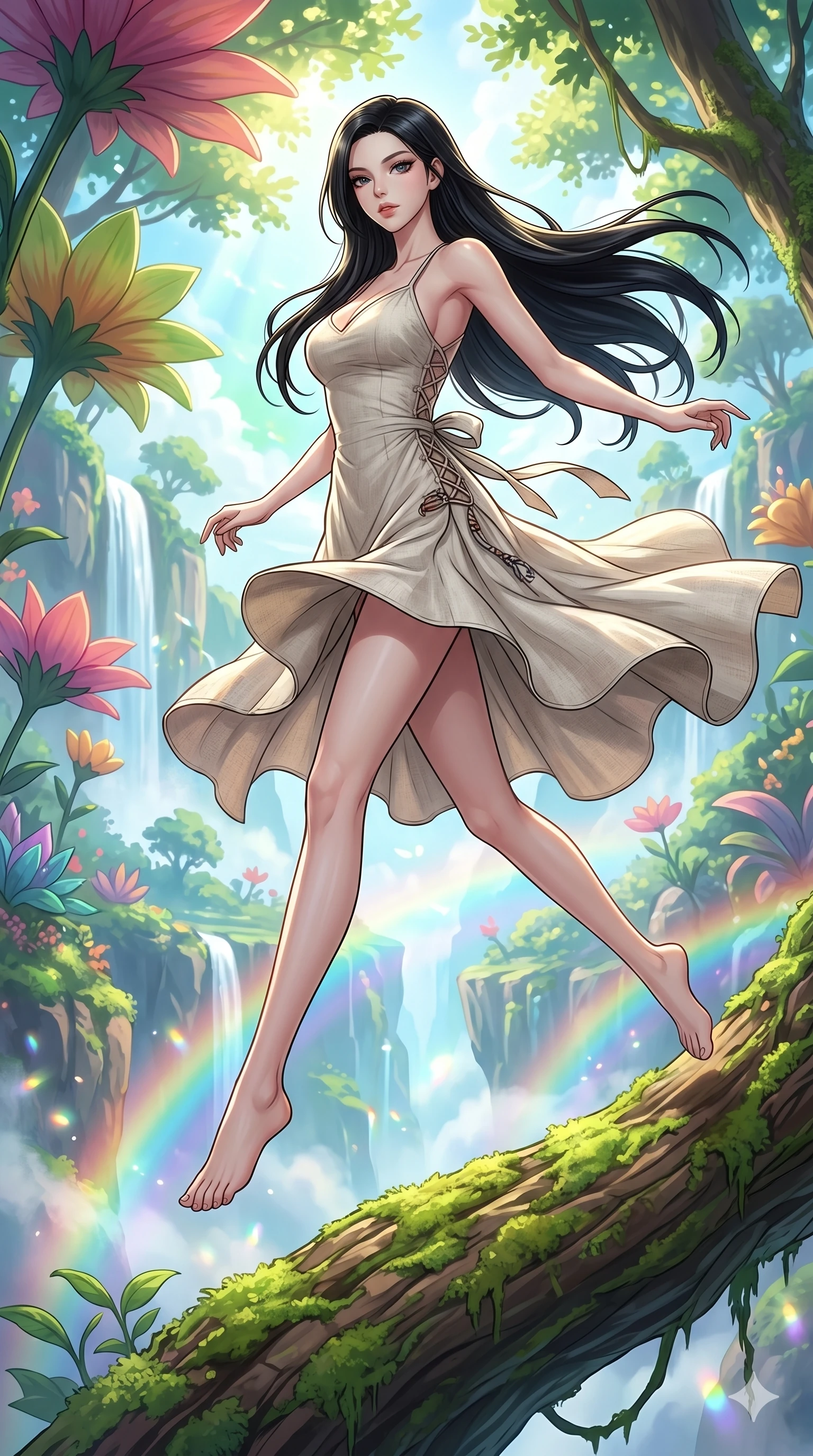 score_9, masterpiece, best quality, ultra-detailed, Set C: High-budget Anime Keyframe, Korean woman. Low angle cowboy shot filling the entire 9:16 frame with her statuesque presence. Leaping off a giant tree branch into a canyon of mist and rainbows in a vibrant forest. She has an absolutely perfect 8-heads proportion, an exceptionally tall and slender female figure with elegant long slender legs and an slender waist. Sharp v-shaped jawline, high-bridge nose, intricate jewel-like eyes with depth, thick eyelashes, glossy lips. Wearing a Seasonal/Resort outfit: linen sundress with a tie-back and side accents. Background is a bright and colorful forest with oversized flora, waterfalls, and prismatic mist. 2k, ultra detail, master piece, 9:16 ratio
