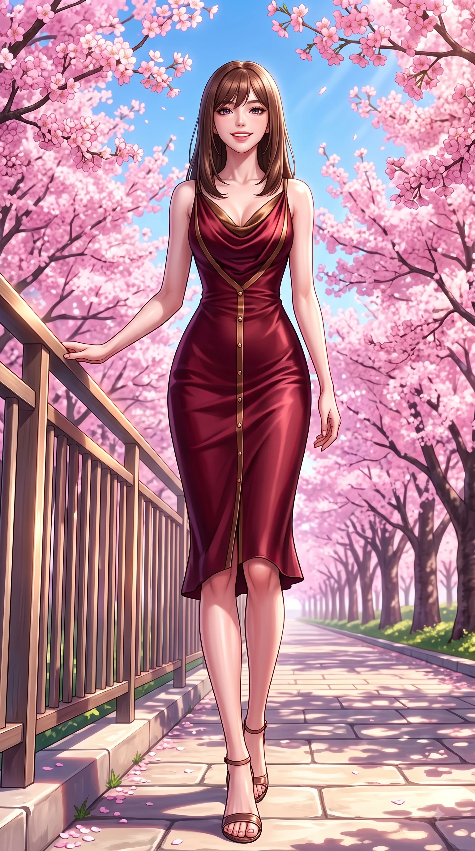 score_9, masterpiece, best quality, ultra-detailed, high-budget anime keyframe, editorial fashion photography, tasteful artistic composition, Korean woman. low angle full-body shot from head to toe showing her feet, filling the entire 9:16 vertical frame with her statuesque presence, stretching her vertical silhouette. walking forward in a proud dynamic stride with a cheerful beaming smile, her vertical silhouette filling the frame while leaning gracefully against a sunlit park railing framed by vibrant pink flower canopies. The surrounding environment is rendered in vivid detail and crisp panoramic clarity. endless pink sakura tree arcades, sunlit stone pathways, and clear blue sky in deep focus. She has an absolutely perfect, statuesque 8.5-heads proportion, an exceptionally tall and slender model-like female figure with impossibly long slender legs and an ultra-slim waist. sharp v-shaped jawline, high-bridge nose, intricate jewel-like eyes with depth, thick eyelashes, glossy lips with a natural sheen, flawlessly proportioned anatomical accuracy, natural body alignment, perfectly sculpted elegant limbs, clean dynamic posture without body distortion. wearing an elegant cowl-neck silk satin midi dress with a graceful draped neckline in deep burgundy red and bronze accent, knitted from soft cozy cashmere yarn, adorned with delicate gold buttons along the front, the elegant draped fit framing her graceful clavicle and slender torso. illuminated by soft glowing pink ambient light and clear sky refractions. highly saturated vibrant anime colors, detailed shading with soft gradients, rich glossy textures, high-contrast stereoscopic depth, volumetric dynamic lighting, master piece, 9:16 ratio