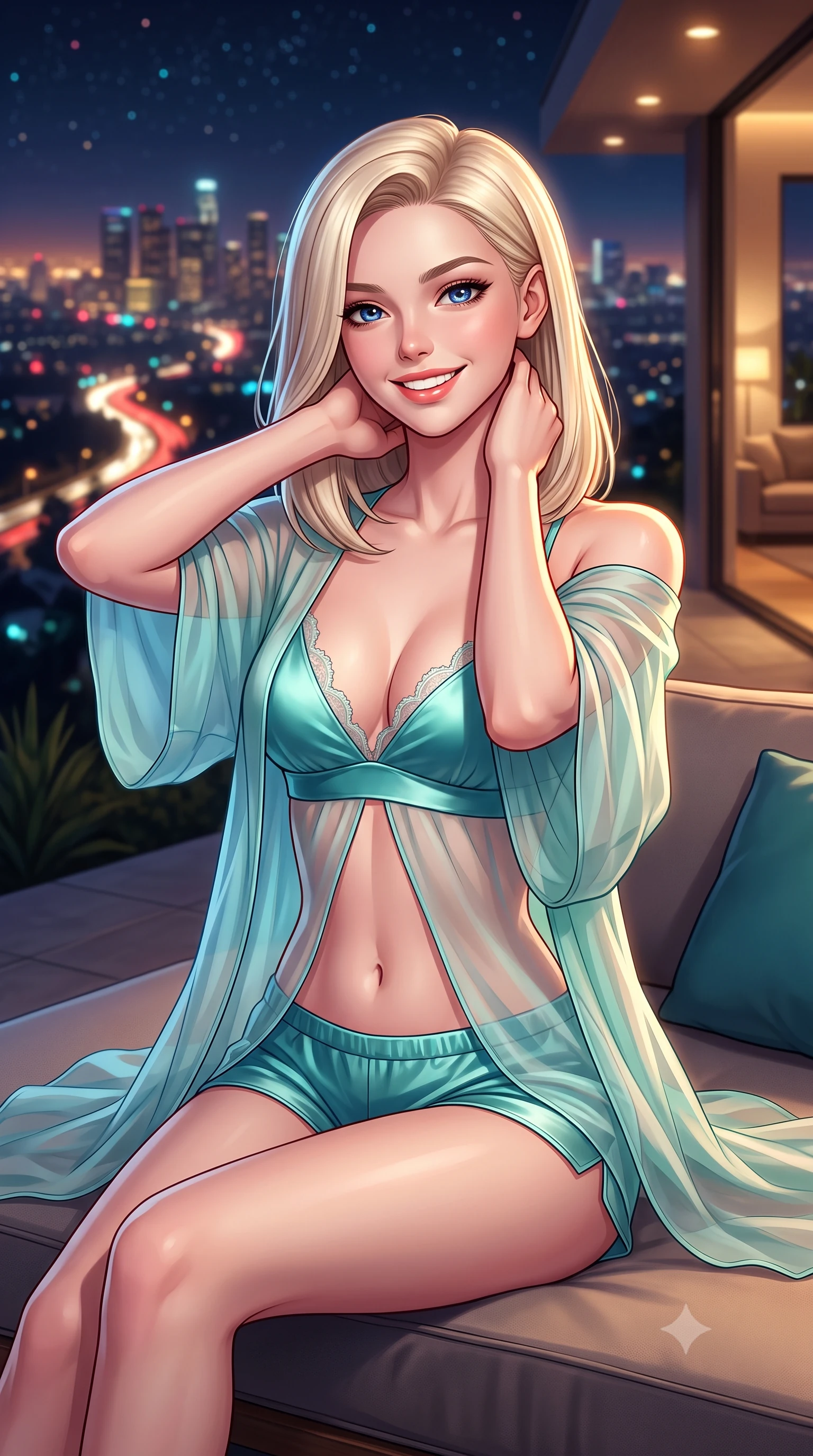 score_9, masterpiece, best quality, ultra-detailed, high-budget anime keyframe, semi-realistic 3D game render, editorial fashion photography, tasteful artistic composition, Caucasian woman. close-up cowboy shot from the waist and thighs up, the character dominates the composition, filling the frame with her large presence. resting both hands lightly behind her neck with elbows raised, arching her spine to highlight her narrow waist, flat midriff, and breathtaking collarbones while lounging in the custom Italian outdoor daybed propped on one elbow with legs extended, her statuesque 8.5-heads silhouette dominating the nocturnal horizon. The background shows a soft-focus sweeping panorama of Los Angeles from Downtown skyscrapers to the Pacific coast, winding canyon highway headlights, and starry sky blurred into ruby, cyan, and gold bokeh. She has an exceptionally elegant, slender, and willowy female figure with an ultra-slim waist, flat toned midriff, narrow ribcage, and sculpted feminine hips creating an alluring, slim hourglass silhouette without bulk. sharp v-shaped jawline, high-bridge nose, intricate jewel-like sparkling eyes with depth, thick eyelashes, glossy parted lips with a natural peach sheen, bright cheerful beaming smile with an enchanting and coquettish sensual glint, exuding both youthful cute charm and seductive allure, flawlessly proportioned anatomical accuracy, strict slender model proportions, natural body alignment, perfectly sculpted long slender limbs, ultra-slim waistline, clean dynamic posture without body distortion. wearing a sheer silk organza modern caftan robe worn loose and slipping off bare shoulders over a matching satin bralette and micro-shorts in Sentosa tropical coral reef teal and pure iridescent pearl, made of sheer gossamer chiffon that drapes softly against skin with airy translucence, finished with scalloped eyelash lace trim framing her sweetheart neckline with intimate elegance, the impeccably tailored cut draping gracefully along her slender figure with aristocratic poise. bathed in the dramatic contrast of golden city lights below and dim 2800K recessed interior cove downlights. highly saturated vibrant anime colors, detailed shading with soft gradients, rich glossy textures, high-contrast stereoscopic depth, volumetric dynamic lighting, master piece, 9:16 ratio