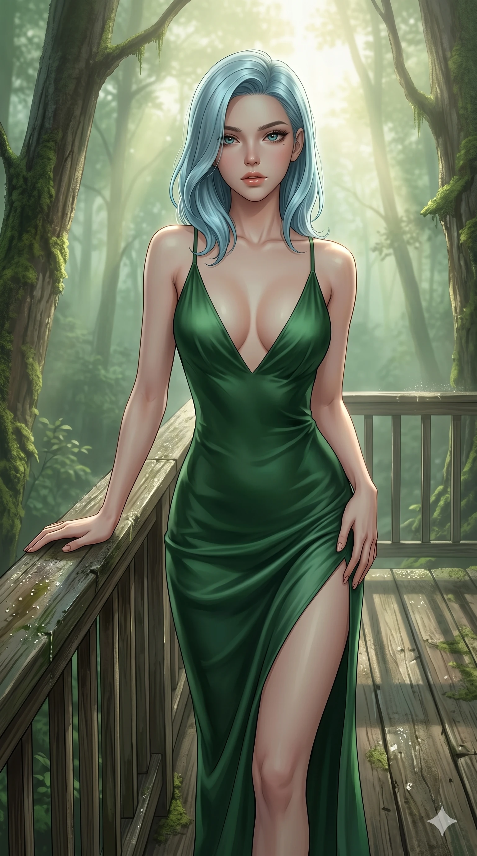 score_9, masterpiece, best quality, ultra-detailed, high-budget anime keyframe, editorial fashion photography, tasteful artistic composition, Korean woman. cowboy shot from the thighs up, character and outfit filling the frame for maximum editorial presence. resting one hand on the wooden railing, casting a bedroom-eyes gaze directly at the camera on a secluded deck of a forest retreat with green mist (Code-P16-128). She has an absolutely perfect 8-heads proportion, an exceptionally tall and slender female figure with impossibly long slender legs and an ultra-slim waist. V-shaped jawline, high-bridge nose, intricate jewel-like eyes with depth, thick eyelashes, glossy lips with a natural sheen. wearing a forest green silk slip dress with an ultra-deep plunging V-neckline and a high side slit. soft morning sunbeams filtering through the mist, creating a soft glowing atmosphere. 2k, ultra detail, master piece, 9:16 ratio