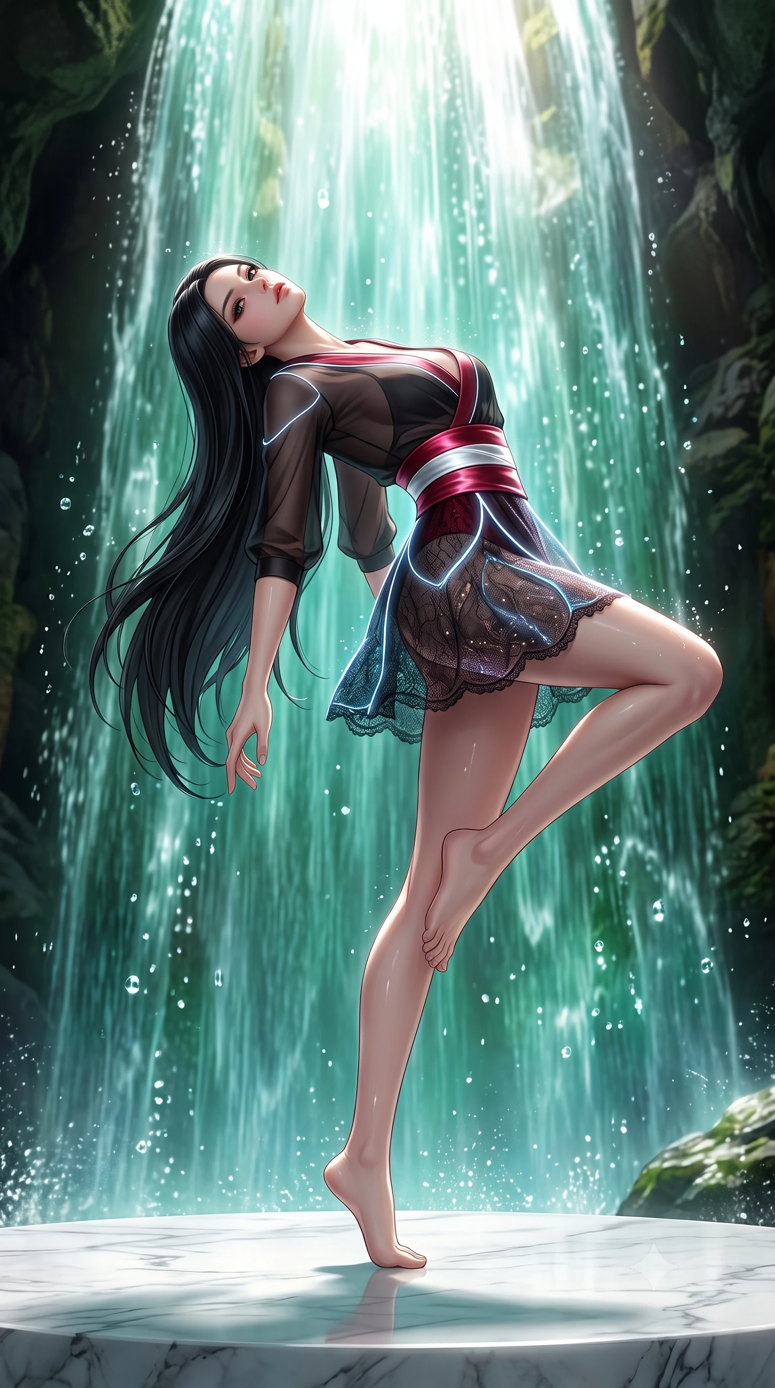 score_9, masterpiece, best quality, ultra-detailed, high-budget anime keyframe, semi-realistic 3D game render, editorial fashion photography, tasteful artistic composition, Korean woman. low angle full-body shot from head to toe showing her feet, filling the entire 9:16 vertical frame with her statuesque presence, stretching her vertical silhouette. arching her back in a fluid zero-gravity turn with sovereign grace, her long slender legs and sculpted torso creating a sweeping line while standing beneath a sun-drenched cascading waterfall of pure emerald water on a polished white marble dais. The surrounding environment is rendered in vivid detail and crisp panoramic clarity. vibrant natural colors and deep environmental chiaroscuro captured with precision. She has an absolutely perfect, statuesque 8.5-heads proportion, an exceptionally tall and slender model-like female figure with impossibly long slender legs, a toned flat midriff, and an ultra-slim waist. sharp v-shaped jawline, high-bridge nose, intricate jewel-like eyes with depth, thick eyelashes, glossy lips with a natural sheen, flawlessly proportioned anatomical accuracy, strict slender model proportions, natural body alignment, perfectly sculpted long slender limbs, ultra-slim waistline, clean dynamic posture without body distortion. wearing a shortened cyber-fusion wrap top with transparent chiffon panels, a deep crossover neckline, and a high-waisted metallic sash that accentuates her ultra-slim waist in radiant crimson silk and crisp snow white, crafted from delicate dark lace interwoven with luminescent micro-fibers, accented with glowing fiber-optic seams tracing her collarbones and hip curves, the glove-like aerodynamic second-skin fit tightly clinging to her ultra-slender waist and athletic curves without adding bulk, accentuating her razor-sharp statuesque lines and slim hourglass silhouette. illuminated by sparkling water droplet refractions and crisp white key lighting. highly saturated vibrant anime colors, detailed shading with soft gradients, rich glossy textures, high-contrast stereoscopic depth, volumetric dynamic lighting, master piece, 9:16 ratio