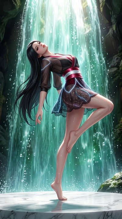 score_9, masterpiece, best quality, ultra-detailed, high-budget anime keyframe, semi-realistic 3D game render, editorial fashion photography, tasteful artistic composition, Korean woman. low angle full-body shot from head to toe showing her feet, fil