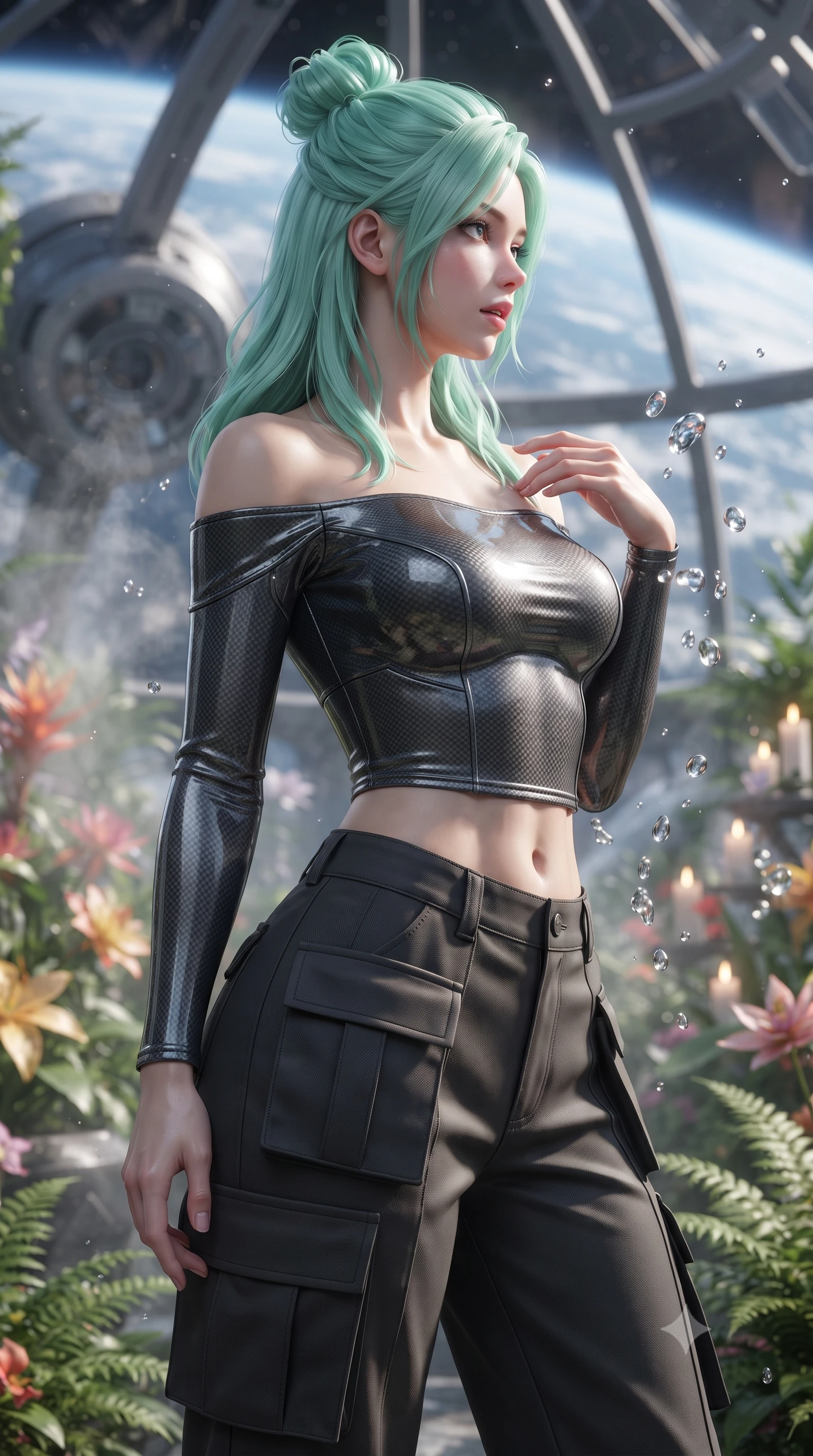 score_9, masterpiece, best quality, ultra-detailed, high-budget anime keyframe, editorial fashion photography, tasteful artistic composition, Japanese woman. close-up cowboy shot from the waist and thighs up, the character dominates the composition, filling the frame with her large presence, background elements kept in soft focus. turning her face in profile to look over her shoulder, casting a smoldering side gaze with lips slightly parted, the background shows a soft-focus a glass dome botanical garden in orbit, filled with tropical flowers and steam. She has an exceptionally elegant, slender, and willowy female figure with an ultra-slim waist, a gracefully sculpted slender torso, and a refined silhouette. sharp v-shaped jawline, high-bridge nose, intricate jewel-like eyes with depth, thick eyelashes, glossy lips with a natural sheen. wearing a slim-fit off-shoulder carbon-fiber armor top paired with high-slit tactical cargo pants, showing her delicately sculpted midriff. soft flickering candle glow refracting through the moving water droplets. ultra-reflective glossy finish, specular highlights, metallic sheen, high-contrast stereoscopic depth, volumetric dynamic lighting, 2k, ultra detail, master piece, 9:16 ratio