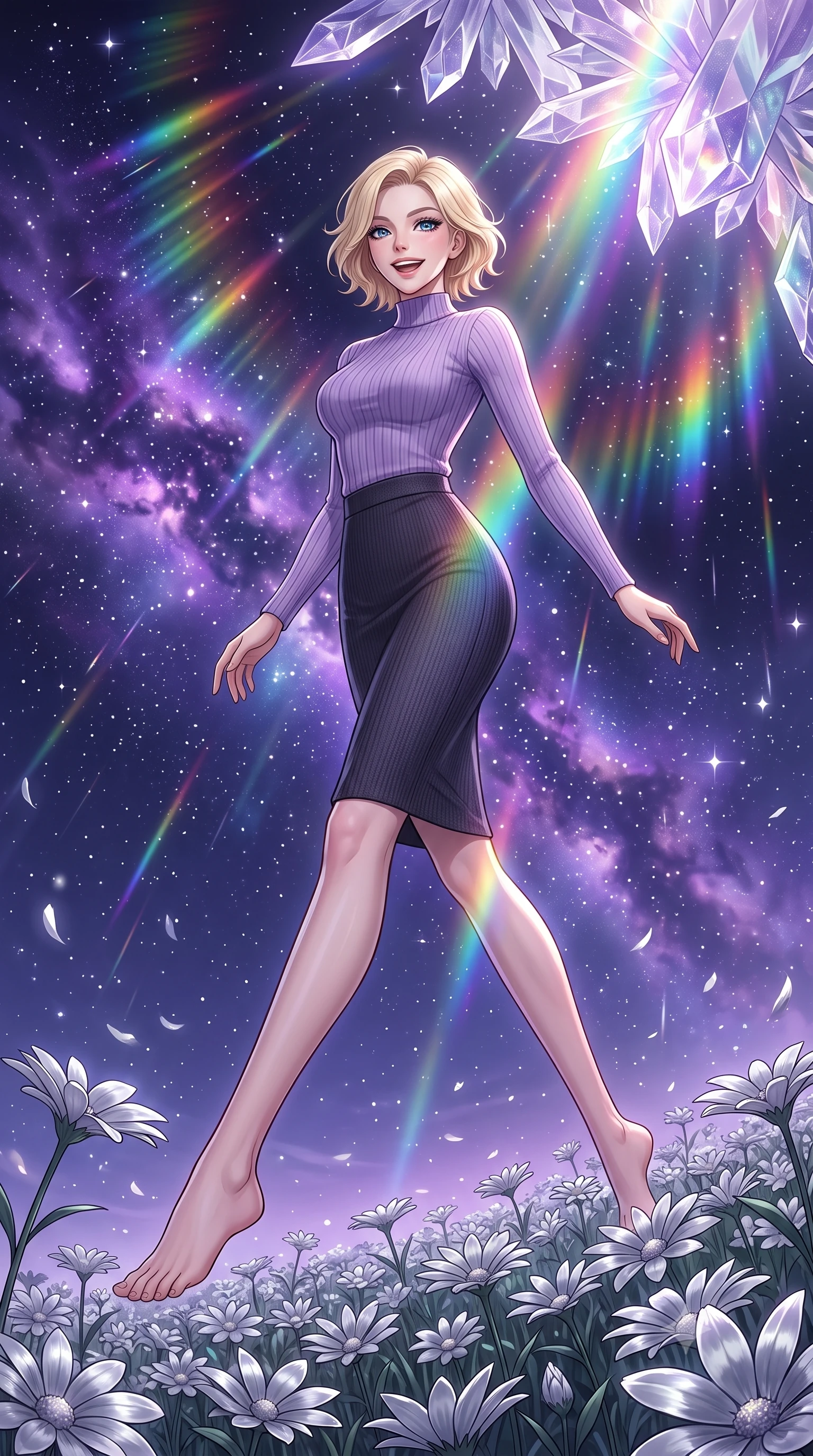 score_9, masterpiece, best quality, ultra-detailed, high-budget anime keyframe, editorial fashion photography, tasteful artistic composition, Caucasian woman, strictly human ears. low angle full-body shot from head to toe showing her feet, filling the entire 9:16 vertical frame with her statuesque presence, stretching her vertical silhouette. ascending with a radiant, excited smile through in an endless field of silver flowers swaying in the night breeze under a sky filled with glowing violet nebulae and falling stardust. She has a statuesque 8.5-heads proportion, an exceptionally tall, slender and willowy model-like build with impossibly long legs and a highly sculpted ultra-slim waist. sharp v-shaped jawline, high-bridge nose, intricate jewel-like eyes with depth, thick eyelashes, glossy lips with a natural sheen. wearing a high-neck ribbed knit top in lavender, paired with a matching form-fitting knit pencil skirt in deep charcoal. cascading rainbow prismatic light refracting through crystal formations overhead. 2k, ultra detail, master piece, 9:16 ratio