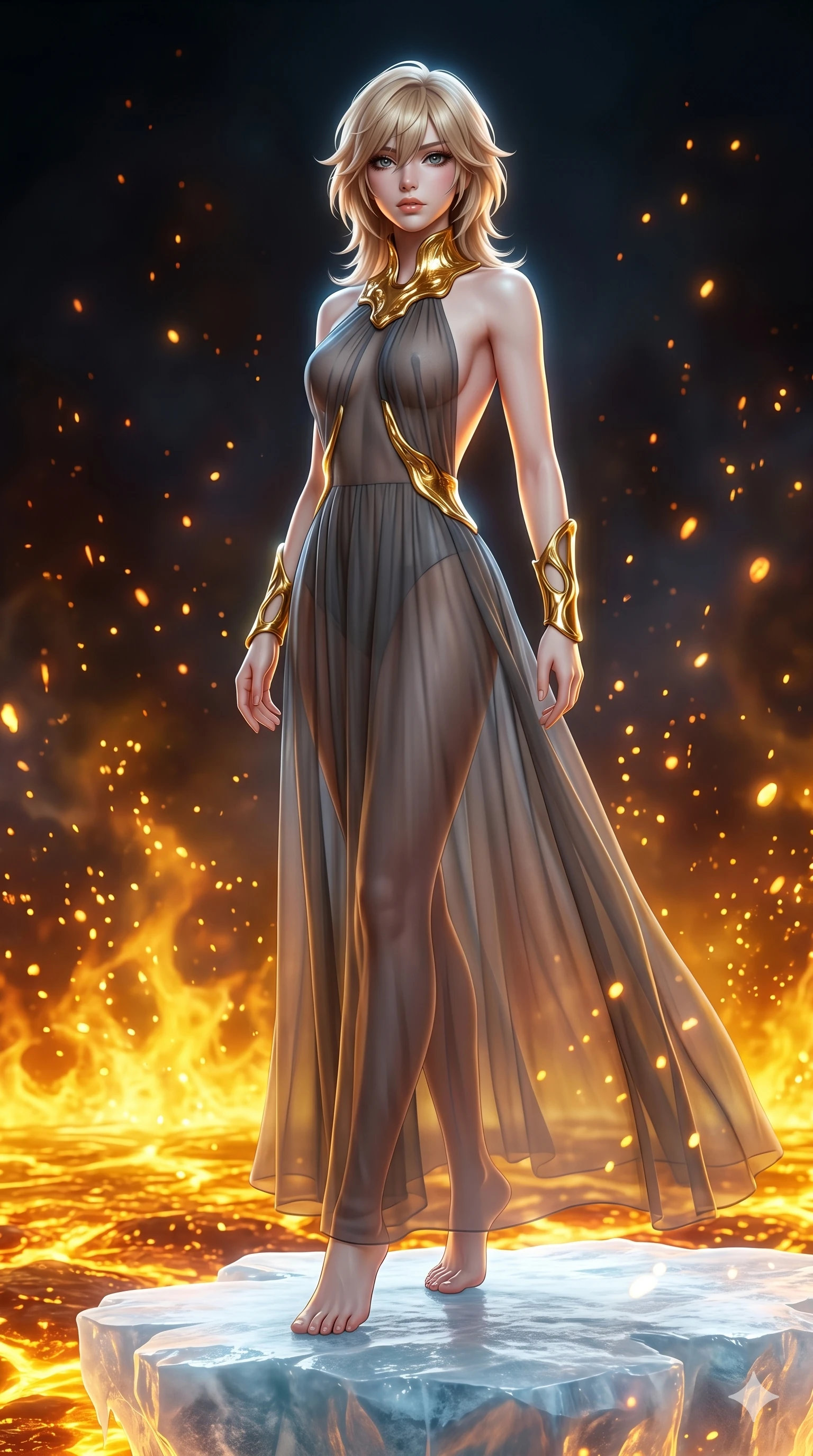 score_9, masterpiece, best quality, ultra-detailed, high-budget anime keyframe, editorial fashion photography, tasteful artistic composition, Japanese woman. low angle full-body shot from head to toe showing her feet, filling the entire 9:16 vertical frame with her statuesque presence, stretching her vertical silhouette. balancing carefully on on a platform of solid ice suspended above a sea of boiling golden lava while bioluminescent spores drift upward like warm embers. She has an absolutely perfect 8-heads proportion, an exceptionally tall and slender female figure with impossibly long slender legs and an ultra-slim waist. V-shaped jawline, high-bridge nose, intricate jewel-like eyes with depth, thick eyelashes, glossy lips with a natural sheen.. wearing a molten gold and chiffon gown, featuring organic liquid gold collar and cuffs on a translucent charcoal-gray halter neck chiffon gown with a open-back architectural design. lit by high-contrast neon strobes that carve out her dynamic posture and V-shaped jawline. 2k, ultra detail, master piece, 9:16 ratio