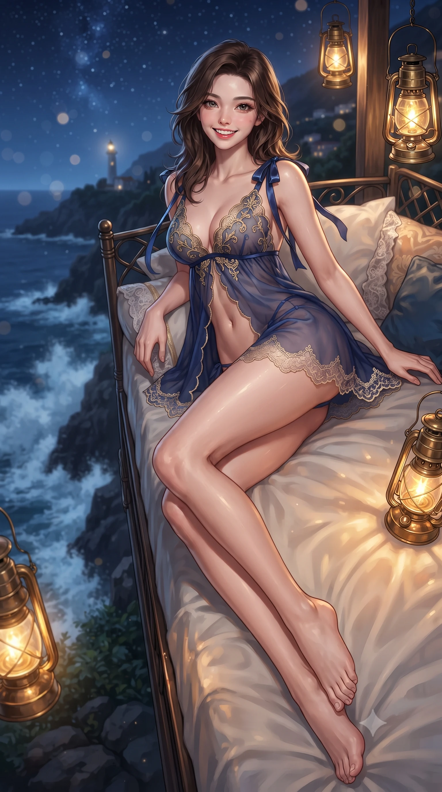score_9, masterpiece, best quality, ultra-detailed, high-budget anime keyframe, editorial fashion photography, tasteful artistic composition, Korean woman. low angle full-body shot from head to toe showing her feet, filling the entire 9:16 vertical frame with her statuesque presence, stretching her vertical silhouette. lounging on the lavish daybed with legs crossed and hips angled toward the camera, displaying her toned midriff and long slender limbs with effortless siren poise while twisting her slender torso in an alluring S-curve, hanging storm lanterns casting warm golden ribbons across her dewy skin and flat midriff. The background shows a soft-focus massive foaming ocean breakers crashing against black basalt sea cliffs far below, distant Amalfi lighthouse beacon, and starry night sky blurred into sapphire, diamond, and topaz bokeh. She has an exceptionally tall and slender model-like 8.5-heads proportion, an ultra-slim waist, a flat toned midriff, narrow delicate ribcage, and beautifully sculpted feminine hips creating a graceful, slim hourglass silhouette without any bulky heaviness, with impossibly long slender legs. sharp v-shaped jawline, high-bridge nose, intricate jewel-like sparkling eyes with depth, thick eyelashes, glossy parted lips with a natural peach sheen, bright cheerful beaming smile with an enchanting and coquettish sensual glint, exuding both youthful cute charm and seductive allure, flawlessly proportioned anatomical accuracy, strict slender model proportions, natural body alignment, perfectly sculpted long slender limbs, ultra-slim waistline, clean dynamic posture without body distortion. wearing an alluring semi-sheer silk organza babydoll slip with plunging gold-embroidered neckline and scalloped hem in Thames nocturnal sapphire and liquid platinum, made of delicate semi-sheer French Chantilly lace with intricate eyelash edges, finished with satin ribbon ties at the shoulders fluttering in the gentle breeze, the liquid-tight tailored fabric clinging flawlessly to her narrow waist and rounded feminine hips, emphasizing every millimeter of her sculpted slim hourglass curves without any bulky heaviness. bathed in the warm dancing 2200K incandescent glow of heavy nautical brass lanterns contrasted with deep navy ocean ambient. ultra-reflective glossy finish, specular highlights, rich textural contrasts, high-contrast stereoscopic depth, volumetric dynamic lighting, 2k, ultra detail, master piece, 9:16 ratio
