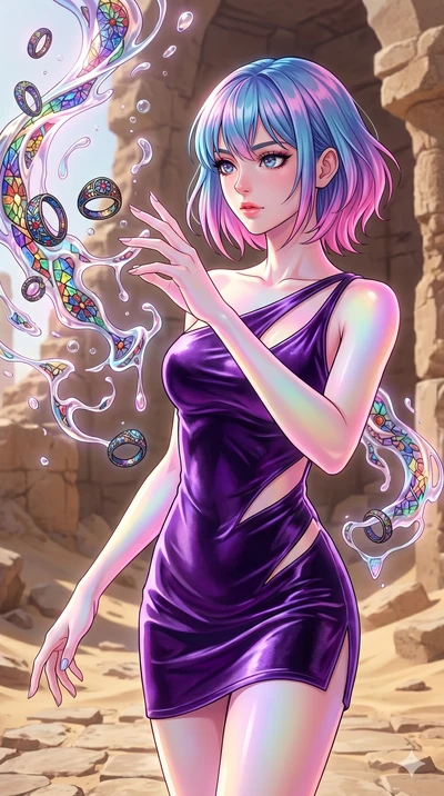 score_9, masterpiece, best quality, ultra-detailed, high-budget anime keyframe, Caucasian woman, strictly human ears. upper body close-up from the thighs up, character filling the screen for maximum presence. interacting with liquid stained-glass tha