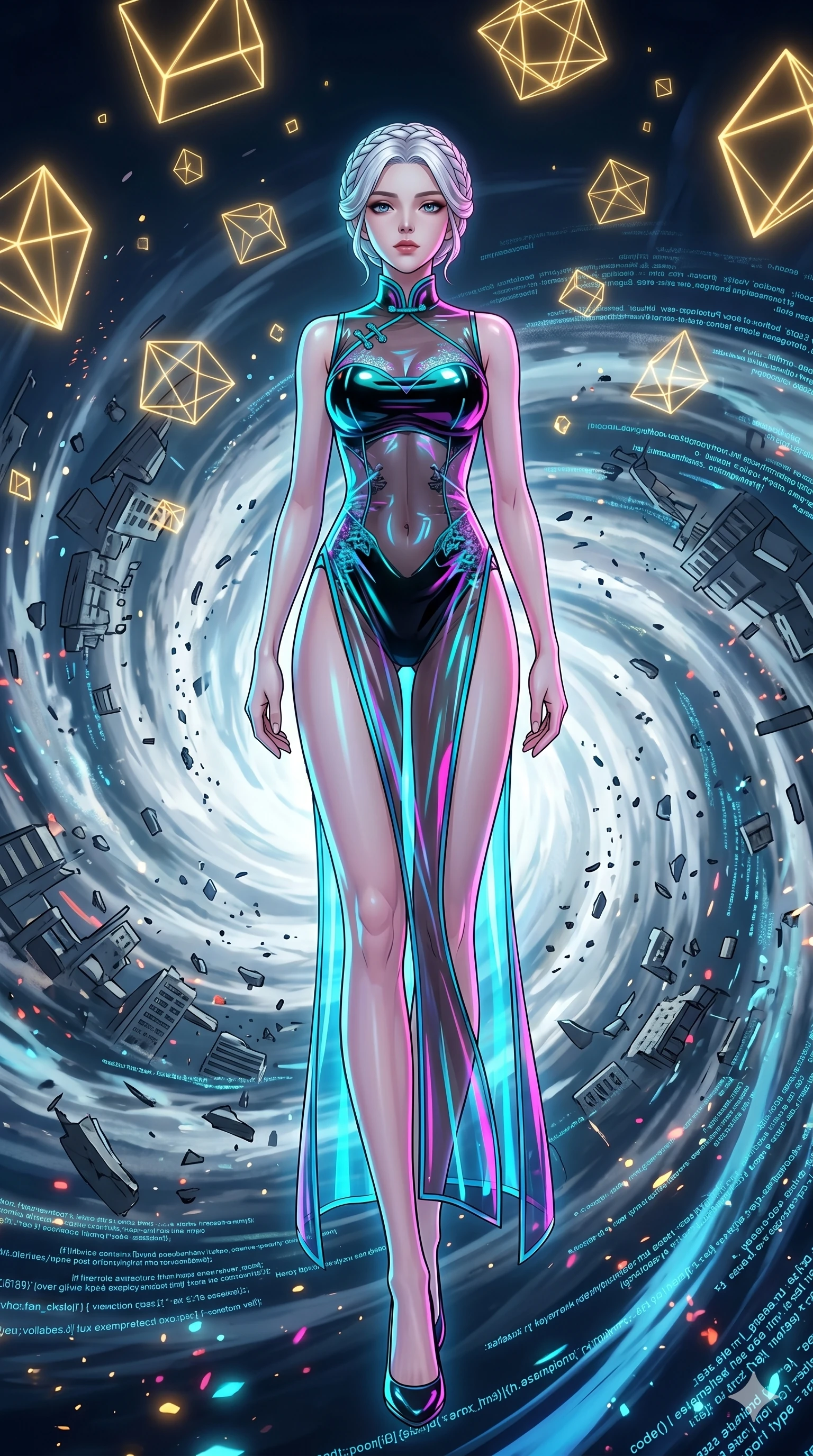 score_9, masterpiece, best quality, ultra-detailed, High-budget Anime Keyframe, vibrant colors, fluid line-art, expressive lighting, cinematic composition, Ufotable-style visual effects, top-tier animation quality, Korean woman with idol-like refined features. Low angle cowboy shot filling the entire 9:16 frame with her statuesque presence, looking up to emphasize her height. Standing in the eye of a terrifying hurricane with absolute calm, the debris of a destroyed city circling her in a violent vortex. She has an absolutely perfect 8-heads proportion, an exceptionally tall and slender female figure with impossibly long slender legs and an ultra-slim waist, her statuesque height and towering silhouette dominating the vertical 9:16 frame. Her face is a masterpiece featuring a sharp v-shaped jawline, high-bridge nose, intricate jewel-like eyes with depth, thick eyelashes, and glossy lips with a natural sheen. She is wearing a Cyberpunk neon-lit qipao with a dangerous high slit and intricate digital embroidery crafted from Transparent PVC with a high-gloss finish that reveals the intricate layers beneath, with sheer fabric transparency over her delicate curves and a high-cut silhouette. The scene is set in an abstract digital void with floating golden geometric shapes and rivers of flowing code, illuminated by cinematic lighting with dramatic rim light that highlights her slender silhouette. 2k, ultra detail, master piece, 9:16 ratio