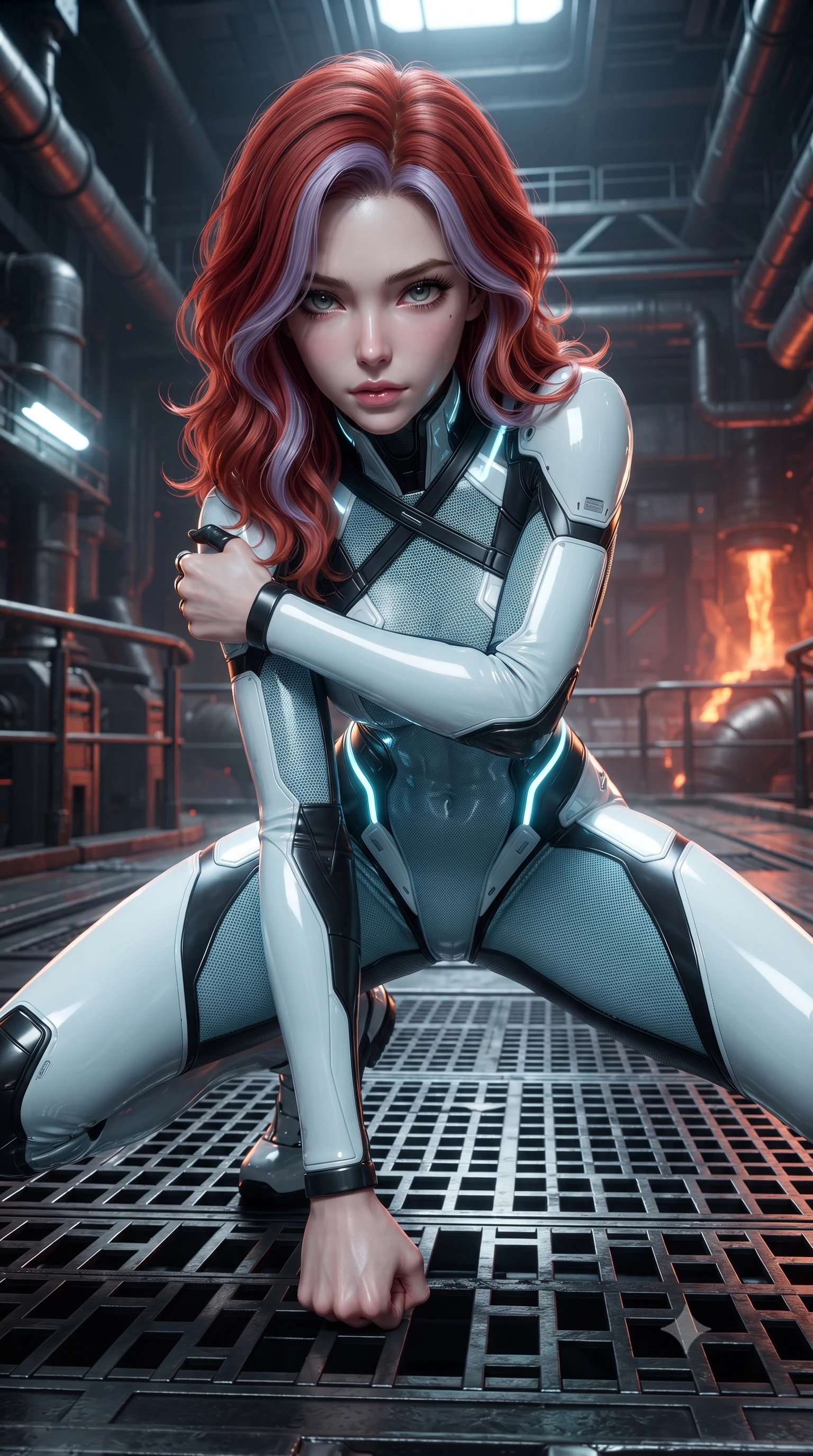 score_9, masterpiece, best quality, ultra-detailed, high-budget anime keyframe, editorial fashion photography, tasteful artistic composition, Caucasian woman. close-up cowboy shot from the waist and thighs up, the character dominates the composition, filling the frame with her large presence. shifting into a low cat-stance with arms crossed defensively, glowing energy conduits tracing her ultra-slim waist and sculpted clavicle while landing in a low crouched stance with one fist planted on the metal grating, looking up with a dangerous, alluring smolder. The surrounding environment is rendered in vivid detail and crisp panoramic clarity. intense geothermal chiaroscuro and raw high-tech industrial architecture rendered with precision. She has an exceptionally elegant, slender, and willowy female figure with an ultra-slim waist, a gracefully sculpted slender torso, toned flat midriff, and a refined slim silhouette. sharp v-shaped jawline, high-bridge nose, intricate jewel-like eyes with depth, thick eyelashes, glossy lips with a natural sheen, flawlessly proportioned anatomical accuracy, strict slender model proportions, natural body alignment, perfectly sculpted long slender limbs, ultra-slim waistline, clean dynamic posture without body distortion. wearing an ultra-sleek glacial-cyan and white carbon-mesh combat bodysuit with frost-resistant kinetic shock-absorber plating in monochrome white enamel carbon with high-contrast black panels, made of liquid carbon-jersey fabric adhering flawlessly to her sculpted silhouette, complemented by criss-cross back harness straps highlighting her completely bare spine, the liquid-tight tailored fabric emphasizing every curve of her tall, slender model proportions and sculptured silhouette during dynamic movement. surrounded by an elemental, fierce, and irresistibly powerful cyber-valkyrie of flame aura. ultra-reflective glossy finish, specular highlights, dark metallic sheen, high-contrast stereoscopic depth, volumetric dynamic lighting, 2k, ultra detail, master piece, 9:16 ratio