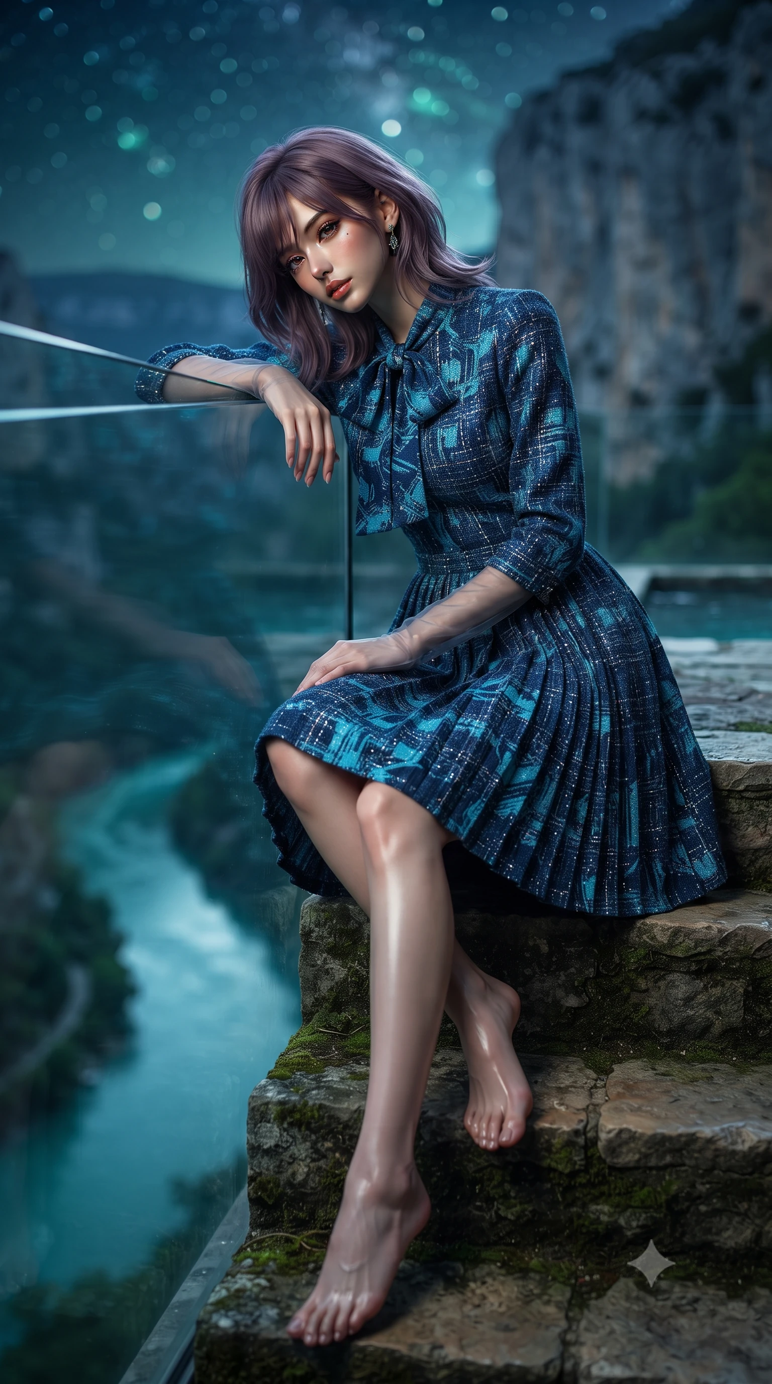 score_9, masterpiece, best quality, ultra-detailed, high-budget anime keyframe, editorial fashion photography, tasteful artistic composition, Japanese woman. low angle full-body shot from head to toe showing her feet, filling the entire 9:16 vertical frame with her statuesque presence, stretching her vertical silhouette. sitting poised on the stone steps with one knee bent, arching her spine with supermodel elegance as she glances upward through thick eyelashes while leaning against the clear acrylic infinity coping with hips cocked back, looking down at the moonlit emerald river below with smoldering bedroom-eyes. The background shows a soft-focus monumental vertical limestone canyon walls towering into the night, winding emerald-turquoise Verdon river far below, and starry sky blurred into jade, turquoise, and silver bokeh. She has an exceptionally tall and slender model-like 8.5-heads proportion, an ultra-slim waist, a flat toned midriff, narrow delicate ribcage, and beautifully sculpted feminine hips creating a graceful, slim hourglass silhouette without any bulky heaviness, with impossibly long slender legs. sharp v-shaped jawline, high-bridge nose, intricate jewel-like sparkling eyes with depth, thick eyelashes, glossy parted lips with a natural peach sheen, bright cheerful beaming smile with an enchanting and coquettish sensual glint, exuding both youthful cute charm and seductive allure, flawlessly proportioned anatomical accuracy, strict slender model proportions, natural body alignment, perfectly sculpted long slender limbs, ultra-slim waistline, clean dynamic posture without body distortion. wearing an elegant long-sleeve silk georgette tea dress with pleated A-line skirt and neck pussy-bow in Singapore Marina Bay electric cyan and midnight sapphire, woven from structured British tweed with subtle metallic flecks, complemented by sheer opera-length evening gloves tracing her slender arms, the bespoke structured tailoring following the natural line of her 8.5-heads silhouette with refined elegance. illuminated by pool water reflection bounce and sharp platinum-cyan rim lights defining her dewy collarbones, ultra-slim waist, and curvy hips. ultra-reflective glossy finish, specular highlights, rich textural contrasts, high-contrast stereoscopic depth, volumetric dynamic lighting, 2k, ultra detail, master piece, 9:16 ratio