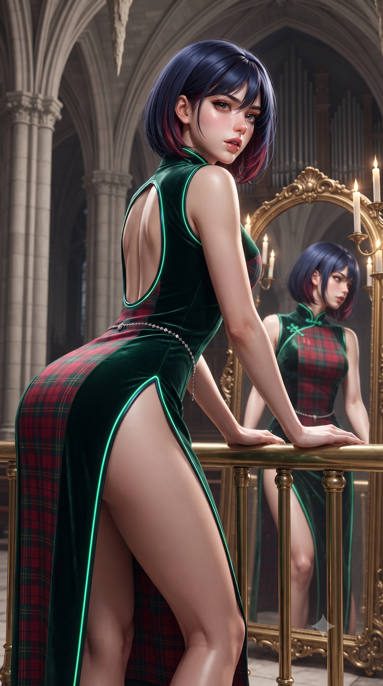 score_9, masterpiece, best quality, ultra-detailed, high-budget anime keyframe, editorial fashion photography, tasteful artistic composition, Korean woman. close-up cowboy shot from the waist and thighs up, the character dominates the composition, filling the frame with her large presence. leaning forward against the polished railing with her hips cocked back, creating an intoxicating curve from her narrow waist to sculpted hips as she gazes back into the lens while leaning against an ornate gilded floor mirror surrounded by floating candelabras, looking over her shoulder at her own reflection with parted glossy lips. The composition keeps background elements in soft focus with creamy bokeh. towering limestone stalactite arches and gothic pipe organ silhouettes softened in atmospheric shallow focus. She has an exceptionally elegant, slender, and willowy female figure with an ultra-slim waist, flat toned midriff, narrow ribcage, and sculpted feminine hips creating an alluring, slim hourglass silhouette without bulk. sharp v-shaped jawline, high-bridge nose, intricate jewel-like eyes with depth, thick eyelashes, glossy parted lips with a natural sheen, intensely captivating and seductive bedroom-eyes expression, flawlessly proportioned anatomical accuracy, strict slender model proportions, natural body alignment, perfectly sculpted long slender limbs, ultra-slim waistline, clean dynamic posture without body distortion. wearing a modernized cyber-qipao mini dress with an ultra-high side slit ascending to the hip and glowing piping in deep emerald green velvet and royal tartan crimson, tailored from water-resistant treated wool gabardine and flexible stretch silk, accented with a dainty diamond waist chain catching the ambient light reflections, the precision-cut side openings and low-back scoop framing her graceful spine and the sensual sweep of her slim, toned hips. surrounded by an immortal, seductive, and dangerously mesmerizing underground opera queen aura. ultra-reflective glossy finish, specular highlights, rich textural contrasts, high-contrast stereoscopic depth, volumetric dynamic lighting, 2k, ultra detail, master piece, 9:16 ratio