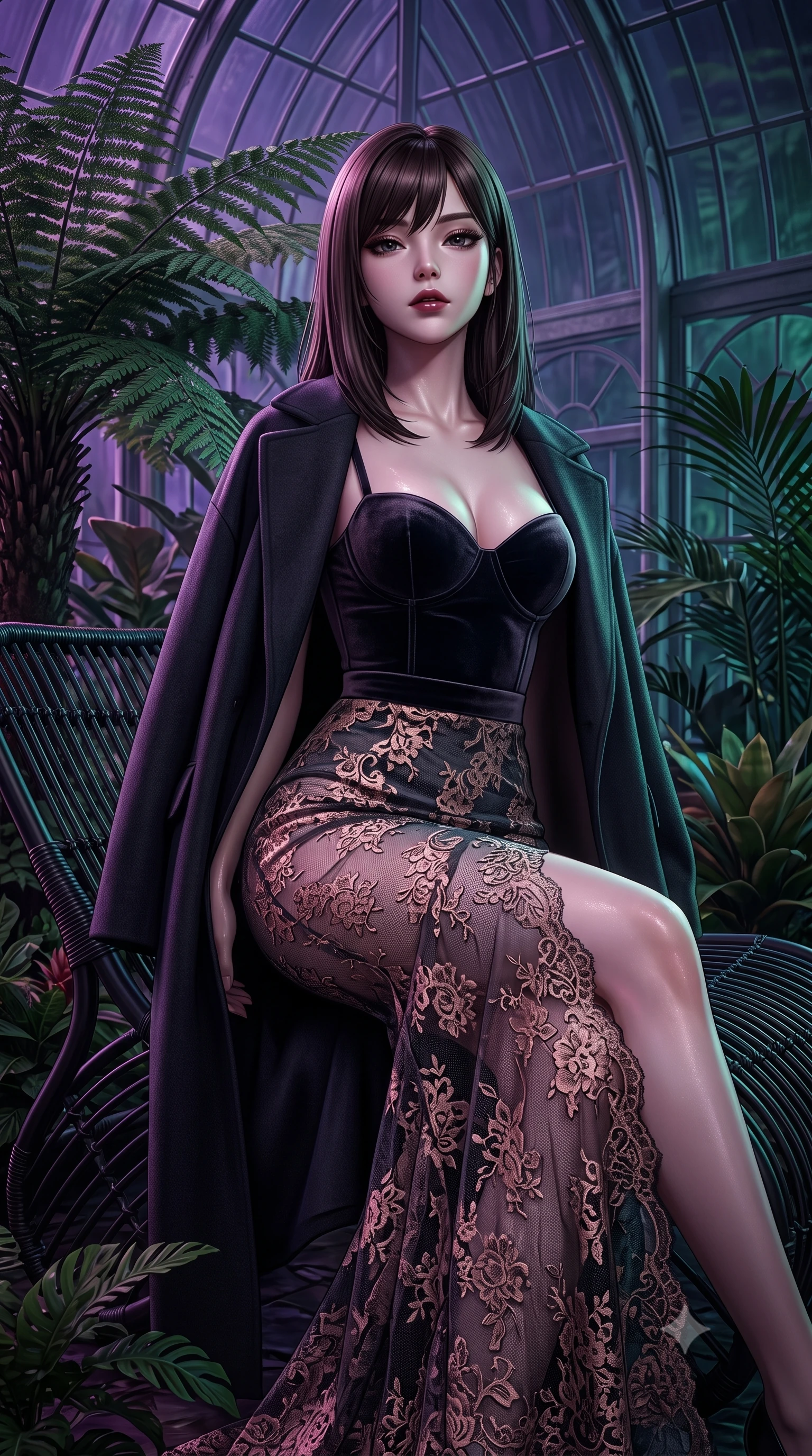 score_9, masterpiece, best quality, ultra-detailed, high-budget anime keyframe, semi-realistic 3D game render, editorial fashion photography, tasteful artistic composition, Korean woman. close-up cowboy shot from the waist and thighs up, the character dominates the composition, filling the frame with her large presence. tilting her chin up slightly with lips parted in a composed, sovereign expression, her body curving in an alluring S-line that accentuates her hip contour while sitting on a curved vintage black wicker lounger amidst giant prehistoric ferns, arching her back with an intoxicating, alluring expression. The surrounding environment is rendered in vivid detail and crisp panoramic clarity. detailed outfit drape, moisture sheen on skin, and Victorian glasshouse architecture in high clarity. She has an exceptionally elegant, slender, and willowy female figure with an ultra-slim waist, flat toned midriff, narrow ribcage, and sculpted feminine hips creating an alluring, slim hourglass silhouette without bulk. sharp v-shaped jawline, high-bridge nose, intricate jewel-like dark sparkling eyes with dangerous depth, thick curled eyelashes, glossy parted lips with a rich wine sheen, smoldering seductive half-smile with bedroom-eyes, exuding effortless superiority and intoxicating dark allure, flawlessly proportioned anatomical accuracy, strict slender model proportions, natural body alignment, perfectly sculpted long slender limbs, ultra-slim waistline, clean dynamic posture without body distortion. wearing a sweetheart-neckline velvet bustier paired with a curve-hugging high-slit mermaid maxi skirt in smoky charcoal slate and molten rose gold, crafted from sheer delicate Chantilly lace with intricate gothic floral motifs, complemented by an oversized dark cashmere coat draped casually over one shoulder, the liquid-tight tailored fabric clinging flawlessly to her narrow waist and rounded feminine hips, emphasizing every millimeter of her sculpted slim hourglass curves without any bulky heaviness. bathed in moody ultraviolet and deep emerald ambient backlights filtering through soaring glass panes. highly saturated vibrant anime colors, detailed shading with soft gradients, rich glossy textures, high-contrast stereoscopic depth, volumetric dynamic lighting, master piece, 9:16 ratio