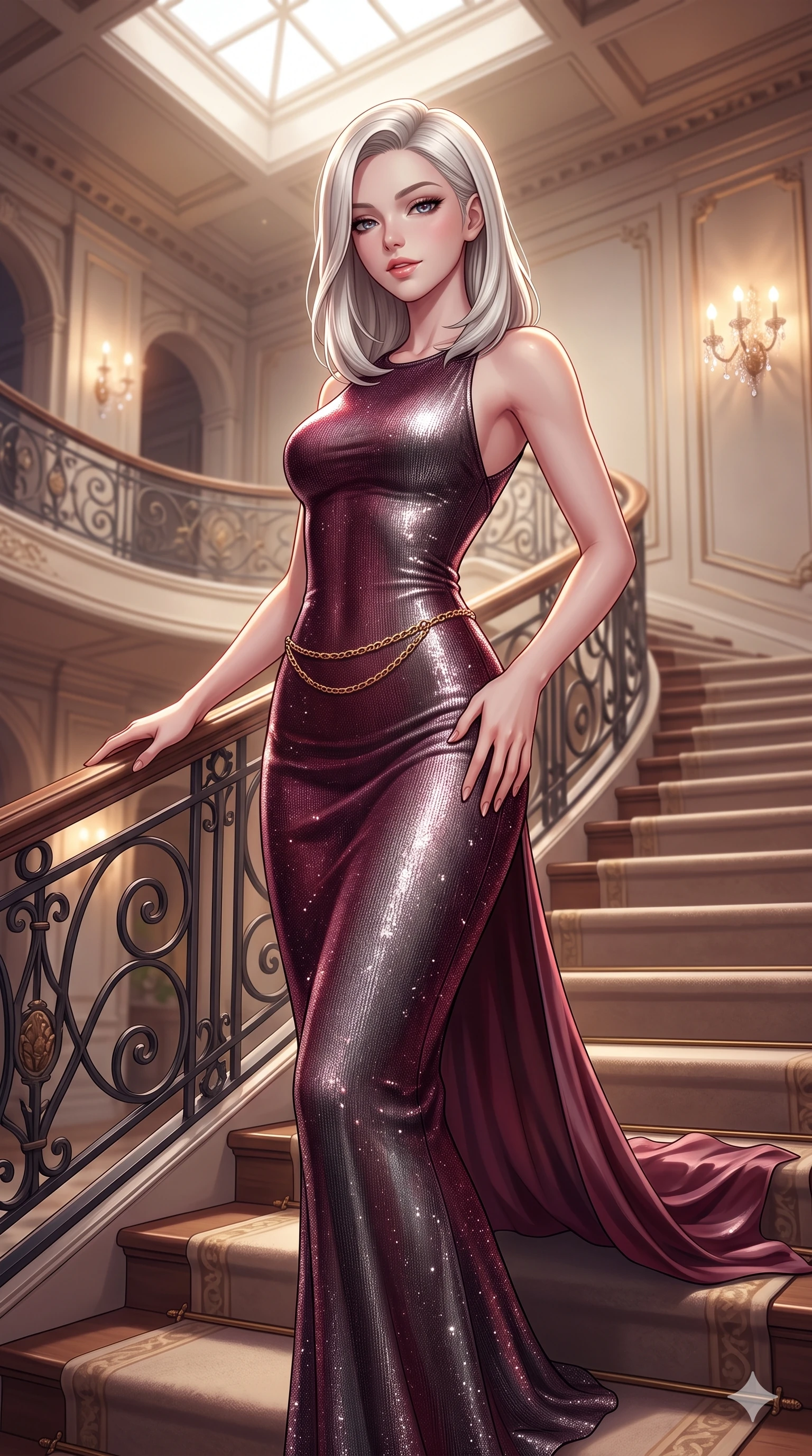 score_9, masterpiece, best quality, ultra-detailed, high-budget anime keyframe, semi-realistic 3D game render, editorial fashion photography, tasteful artistic composition, Caucasian woman. close-up cowboy shot from the waist and thighs up, the character dominates the composition, filling the frame with her large presence. tilting her head with a teasing half-smile, running one hand slowly down the side of her hip in a flirtatious S-curve as ambient light caresses her silhouette while standing poised halfway down the sweeping grand staircase, arching her lower back with sovereign authority as her flowing silk train drapes along the steps. The background shows a soft-focus luxurious foyer atmosphere softened in Belle Époque grand staircase shallow focus. She has an exceptionally elegant, slender, and willowy female figure with an ultra-slim waist, flat toned midriff, narrow ribcage, and sculpted feminine hips creating an alluring, slim hourglass silhouette without bulk. sharp v-shaped jawline, high-bridge nose, intricate jewel-like sparkling eyes with depth, thick eyelashes, glossy parted lips with a natural sheen, intensely captivating and seductive bedroom-eyes expression, exuding both youthful cute charm and sovereign luxury allure, flawlessly proportioned anatomical accuracy, strict slender model proportions, natural body alignment, perfectly sculpted long slender limbs, ultra-slim waistline, clean dynamic posture without body distortion. wearing a body-contouring metallic lurex knit column dress casting radiant starlight shimmer across her flat midriff in deep wine burgundy and brushed dark platinum, tailored from heavy double-faced silk georgette with an exceptionally fluid drape, accented with a delicate gold chain belt resting loosely on her curvy hips, the liquid-tight tailored fabric clinging flawlessly to her narrow waist and rounded feminine hips, emphasizing every millimeter of her sculpted slim hourglass curves without any bulky heaviness. bathed in the warm luminous glow of crystal wall sconces and grand overhead skylights filtering soft diffuse daylight. highly saturated vibrant anime colors, detailed shading with soft gradients, rich glossy textures, high-contrast stereoscopic depth, volumetric dynamic lighting, master piece, 9:16 ratio