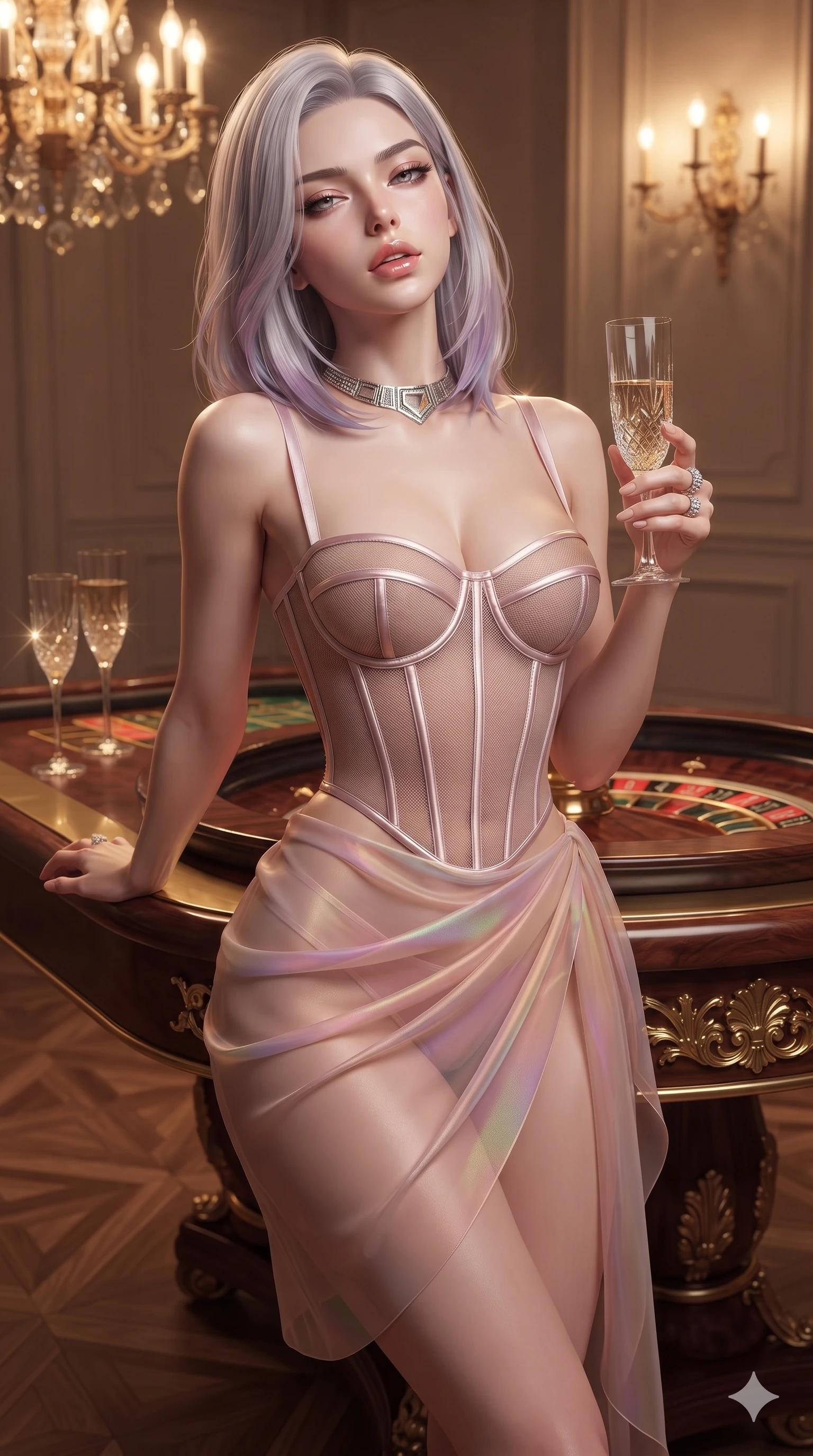 score_9, masterpiece, best quality, ultra-detailed, high-budget anime keyframe, editorial fashion photography, tasteful artistic composition, Caucasian woman. close-up cowboy shot from the waist and thighs up, the character dominates the composition, filling the frame with her large presence. leaning back against the balustrade with relaxed seductive grace, head tilted back slightly while casting a hypnotic, heavy-lidded gaze while leaning against the mahogany roulette table with hips cocked back in pure supermodel charisma, toying with a vintage crystal champagne flute with bedroom-eyes. The surrounding environment is rendered in vivid detail and crisp panoramic clarity: sharp polished French parquet floor inlay, faceted crystal champagne glass bevels, and crisp gold-leaf filigree in deep focus. She has an exceptionally elegant, slender, and willowy female figure with an ultra-slim waist, flat toned midriff, narrow ribcage, and sculpted feminine hips creating an alluring, slim hourglass silhouette without bulk. sharp v-shaped jawline, high-bridge nose, intricate jewel-like eyes with depth, thick eyelashes, glossy parted lips with a natural sheen, intensely captivating and seductive bedroom-eyes expression, flawlessly proportioned anatomical accuracy, strict slender model proportions, natural body alignment, perfectly sculpted long slender limbs, ultra-slim waistline, clean dynamic posture without body distortion. wearing a provocative translucent mesh corset bodice with boned satin channels paired with a sheer chiffon wrap skirt in prismatic rose-quartz and alien peach, tailored from liquid silk jersey adhering flawlessly to her slender build, complemented by a bold geometric choker and sparkling cocktail ring, the second-skin form-contouring cut accentuating her sculpted flat midriff, narrow delicate ribcage, and gracefully curvy hips with supermodel precision. bathed in soft 2400K chandelier warmth contrasted with crisp specular highlights dancing across her satin gown. ultra-reflective glossy finish, specular highlights, rich textural contrasts, high-contrast stereoscopic depth, volumetric dynamic lighting, 2k, ultra detail, master piece, 9:16 ratio
