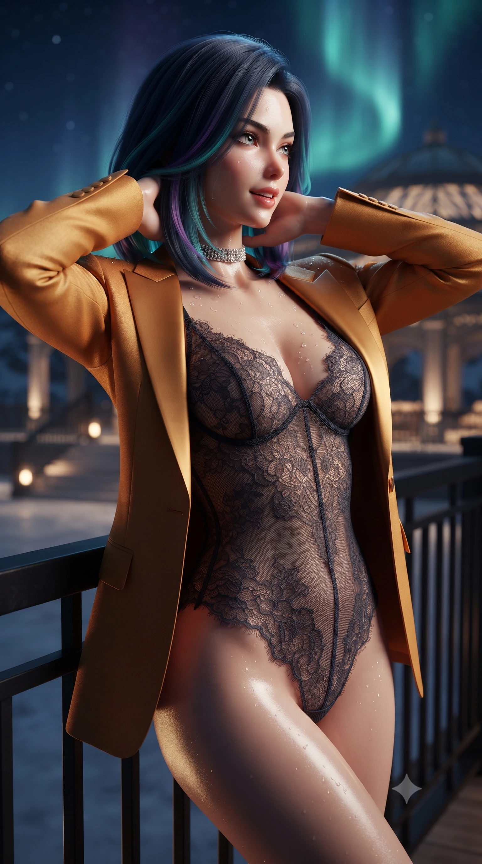 score_9, masterpiece, best quality, ultra-detailed, high-budget anime keyframe, editorial fashion photography, tasteful artistic composition, Caucasian woman. close-up cowboy shot from the waist and thighs up, the character dominates the composition, filling the frame with her large presence. resting both hands lightly behind her neck with elbows raised, arching her spine to highlight her narrow waist, flat midriff, and breathtaking collarbones while leaning against the blackened steel guardrail with hips cocked back, looking over a bare shoulder toward the celestial light show with bedroom-eyes. The surrounding environment is rendered in vivid detail and crisp panoramic clarity: detailed liquid-tight velvet bodycon dress cling, diamond choker sparkle, and arctic luxury pavilion design in high resolution. She has an exceptionally elegant, slender, and willowy female figure with an ultra-slim waist, flat toned midriff, narrow ribcage, and sculpted feminine hips creating an alluring, slim hourglass silhouette without bulk. sharp v-shaped jawline, high-bridge nose, sparkling eyes with hypnotic seductive depth, thick curled eyelashes, glossy parted lips with a natural dewy peach sheen, alluring bedroom-eyes with an enchanting coquettish smile, exuding magnetic siren charisma and sophisticated glamour, flawlessly proportioned anatomical accuracy, strict slender model proportions, natural body alignment, perfectly sculpted long slender limbs, ultra-slim waistline, clean dynamic posture without body distortion. wearing a delicate sheer French Chantilly lace teddy layered under an open tailored tuxedo blazer draped over bare shoulders in warm amber honey and antique gold leaf, tailored from fine structural neoprene with crisp architectural edges and smooth contouring, finished with glistening drops of hot spring water beading across her sculpted shoulders and collarbones, the high-slit wrap tailoring accentuating her ultra-slim waistline and the enchanting curve of her feminine hips with alluring seductive charm. illuminated by ground-level warm slate up-lights and sharp icy-emerald rim lights defining her delicate clavicles, narrow waist, and curvy hips. ultra-reflective glossy finish, specular highlights, rich textural contrasts, high-contrast stereoscopic depth, volumetric dynamic lighting, 2k, ultra detail, master piece, 9:16 ratio