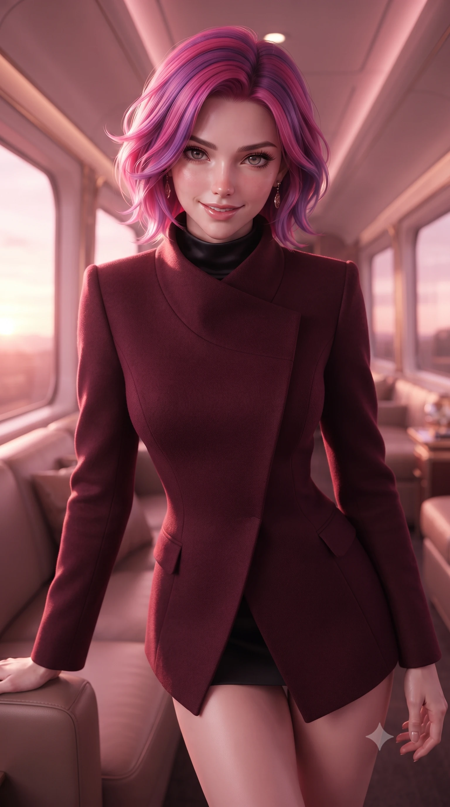 score_9, masterpiece, best quality, ultra-detailed, high-budget anime keyframe, editorial fashion photography, tasteful artistic composition, Caucasian woman. close-up cowboy shot from the waist and thighs up, the character dominates the composition, filling the frame with her large presence, background elements kept in soft focus. leaning slightly forward with a playful, teasing smile, her gaze locked onto the viewer the background shows a soft-focus a panoramic rail observation deck with comfortable leather lounge seats. She has an exceptionally elegant, slender, and willowy female figure with an ultra-slim waist, a gracefully sculpted slender torso, and a refined silhouette. sharp v-shaped jawline, high-bridge nose, intricate jewel-like eyes with depth, thick eyelashes, glossy lips with a natural sheen. wearing a slim-fit tailored asymmetric jacket in deep burgundy wool with a high wrap collar, over a black silk mock-neck blouse. soft pink and amber sunset glow painting the cabin in a romantic wash. ultra-reflective glossy finish, specular highlights, metallic sheen, high-contrast stereoscopic depth, volumetric dynamic lighting, 2k, ultra detail, master piece, 9:16 ratio