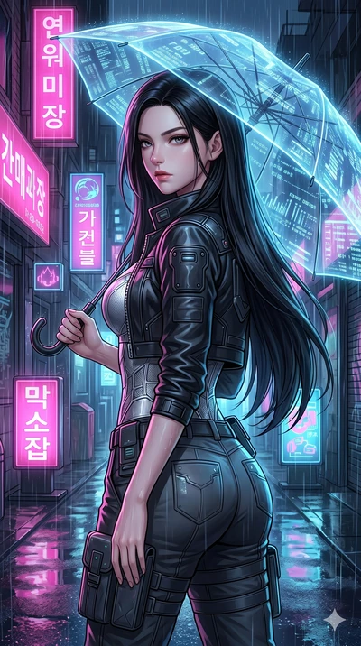 score_9, masterpiece, best quality, ultra-detailed, high-budget anime keyframe, Korean woman. Upper body close-up from the thighs up, character filling the screen for maximum presence. Standing in a rain-slicked neon alleyway, holding a glowing digit