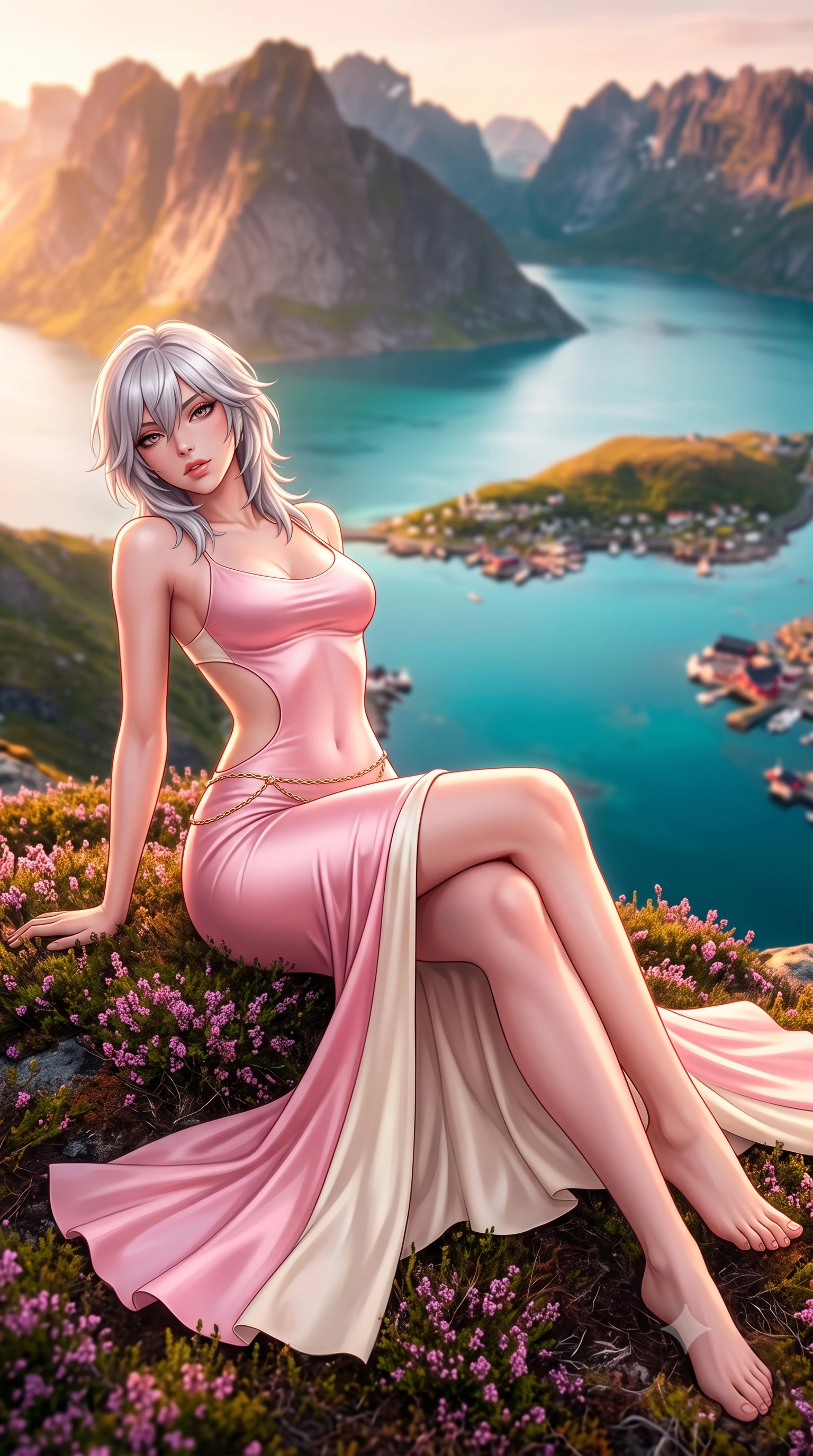 score_9, masterpiece, best quality, ultra-detailed, high-budget anime keyframe, semi-realistic 3D game render, editorial fashion photography, tasteful artistic composition, Japanese woman. low angle full-body shot from head to toe showing her feet, filling the entire 9:16 vertical frame with her statuesque presence, stretching her vertical silhouette. reclining on her side in an elegant Cleopatra pose with one knee drawn up, the dramatic contour of her rounded hips and long slender legs commanding the 9:16 vertical frame while reclining on the heather-covered mountain ledge with legs crossed, her long slender legs and narrow waist highlighted against the clustered red rorbu cabins below. The composition keeps background elements in soft focus with creamy bokeh. jagged granite peaks rising from turquoise Arctic fjords and red wooden fishing cabins blurred into golden rose, cyan, and deep slate bokeh. She has an exceptionally tall and slender model-like 8.5-heads proportion, an ultra-slim waist, a flat toned midriff, narrow delicate ribcage, and beautifully sculpted feminine hips creating a graceful, slim hourglass silhouette without any bulky heaviness, with impossibly long slender legs. sharp v-shaped jawline, high-bridge nose, intricate jewel-like eyes with depth, thick eyelashes, glossy parted lips with a natural sheen, intensely captivating and seductive bedroom-eyes expression, flawlessly proportioned anatomical accuracy, strict slender model proportions, natural body alignment, perfectly sculpted long slender limbs, ultra-slim waistline, clean dynamic posture without body distortion. wearing a sculptured liquid-satin mermaid gown with an architectural open-waist cutout and bare spine in sakura blossom pink and warm ivory, tailored from liquid silk jersey adhering flawlessly to her slender build, accented with a delicate gold chain belt resting loosely on her curvy hips, the form-contouring material adhering flawlessly to her sculpted flat midriff and slender torso, emphasizing her long leg lines and perfectly proportioned willowy build. bathed in magical golden hour midnight sun backlighting casting endless warm rose-gold tones. highly saturated vibrant anime colors, detailed shading with soft gradients, rich glossy textures, high-contrast stereoscopic depth, volumetric dynamic lighting, master piece, 9:16 ratio