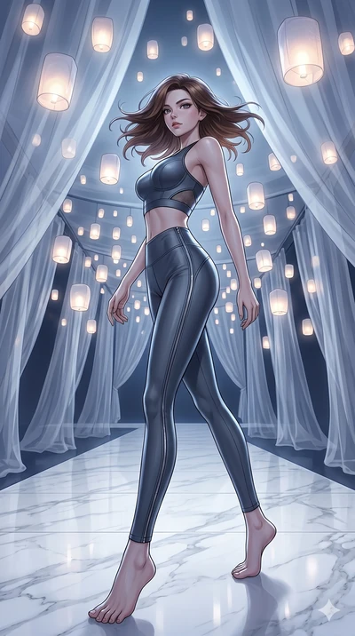score_9, masterpiece, best quality, ultra-detailed, high-budget anime keyframe, editorial fashion photography, tasteful artistic composition, Caucasian woman, strictly human ears. low angle full-body shot from head to toe showing her feet, filling th