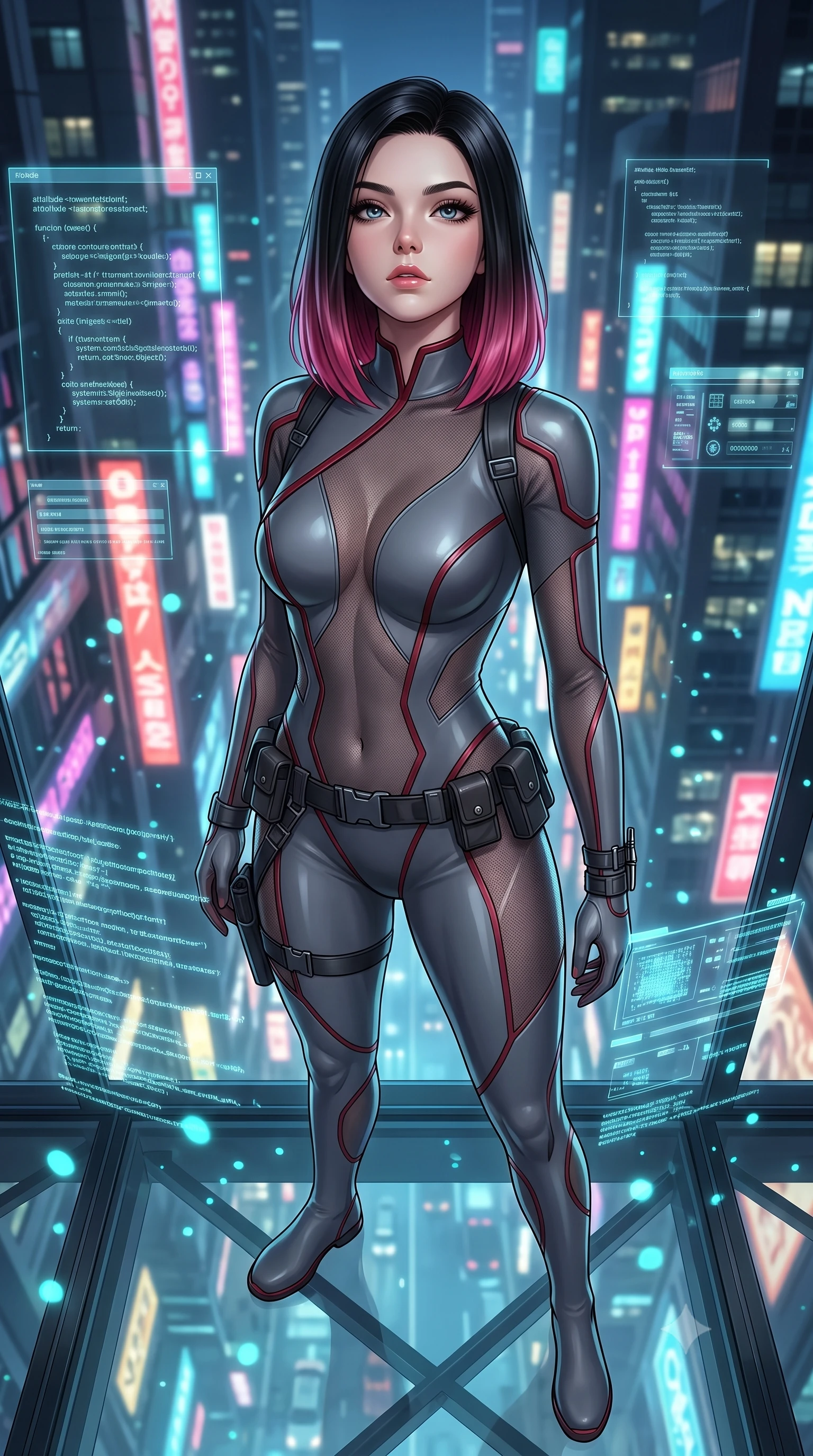 score_9, masterpiece, best quality, ultra-detailed, high-budget anime keyframe, semi-realistic 3D game render, editorial fashion photography, tasteful artistic composition, Korean woman. close-up cowboy shot from the waist and thighs up, the character dominates the composition, filling the frame with her large presence. tilting her chin up with proud, sovereign confidence while gazing directly into the lens with thick, dark eyelashes while standing poised on a transparent structural glass floor overlooking the dizzying vertical abyss of a neon metropolis at 3 AM. The composition keeps background elements in soft focus with creamy bokeh. glowing holographic code glyphs and UI particles scattering soft cyan light motes around her. She has an exceptionally elegant, slender, and willowy female figure with an ultra-slim waist, a gracefully sculpted slender torso, toned flat midriff, and a refined slim silhouette. sharp v-shaped jawline, high-bridge nose, intricate jewel-like eyes with depth, thick eyelashes, glossy lips with a natural sheen, captivating and magnetic expression, flawlessly proportioned anatomical accuracy, strict slender model proportions, natural body alignment, perfectly sculpted long slender limbs, ultra-slim waistline, clean dynamic posture without body distortion. wearing a sharp asymmetrical spy bodysuit with sheer contouring mesh panels, reinforced strike shoulders, and utility waist harness in storm grey and dark scarlet trim, made of high-mobility liquid jersey and semi-opaque reinforced mesh, accented with concealed lockpick wristbands and polished dark chrome hardware edition #18, the glove-like aerodynamic second-skin fit tightly clinging to her ultra-slender waist and athletic curves without adding bulk, accentuating her razor-sharp statuesque lines and slim hourglass silhouette. surrounded by a mastermind, elite, and dangerously seductive intelligence director aura. highly saturated vibrant anime colors, detailed shading with soft gradients, rich glossy textures, high-contrast stereoscopic depth, volumetric dynamic lighting, master piece, 9:16 ratio